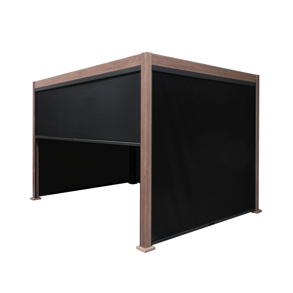Wood effect aluminium pergola with blinds, 3m x 3m, featuring a sleek design, textured wood finish, and adjustable black blinds for privacy