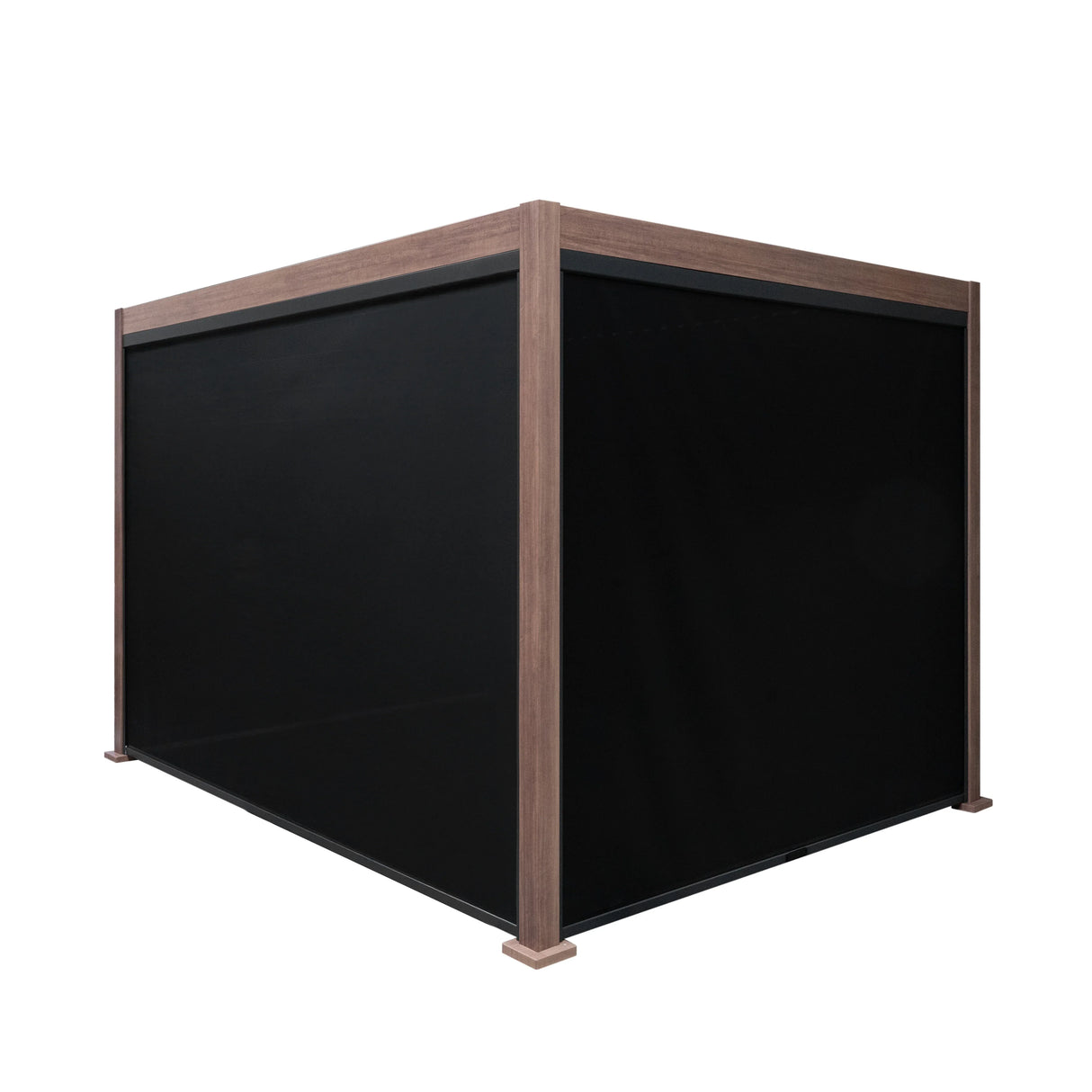 Wood effect aluminium pergola with blinds, 3m x 3m, featuring a sleek design, dark fabric, and sturdy wooden finish for outdoor elegance