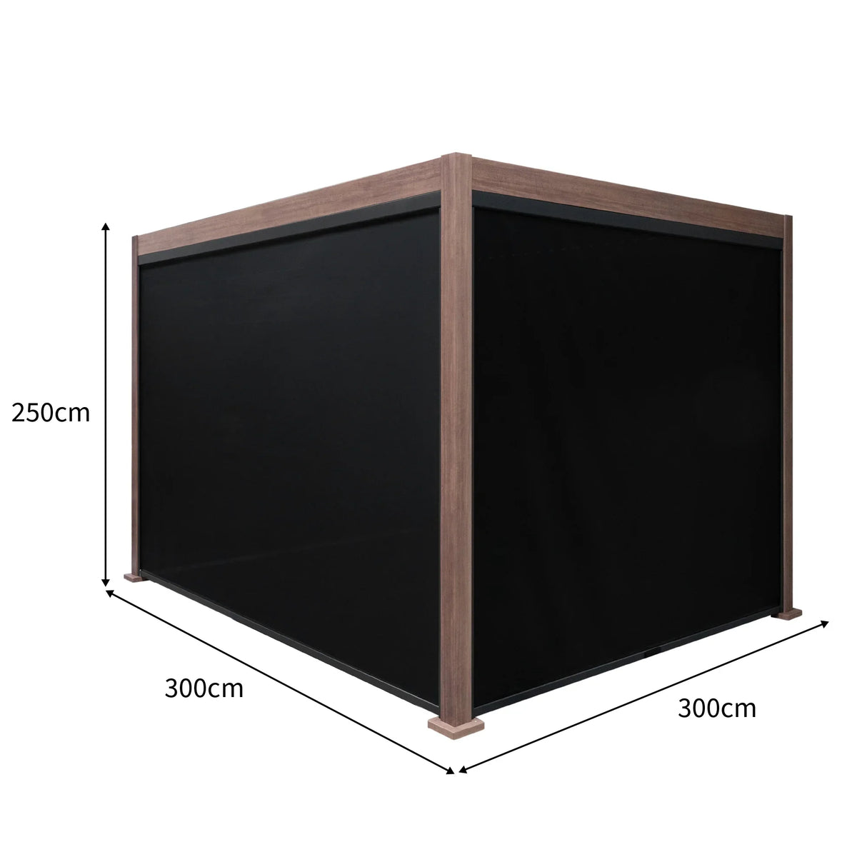 Wood effect aluminum pergola with blinds, 3m x 3m, featuring a sleek design, dark fabric blinds, and sturdy wood-like frame