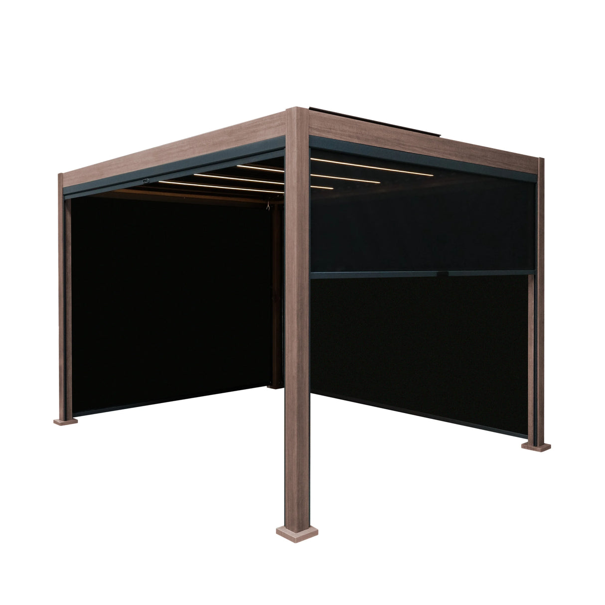Wood effect aluminium pergola with retractable blinds and integrated LED lights, featuring a modern 3m x 3m design in a natural finish