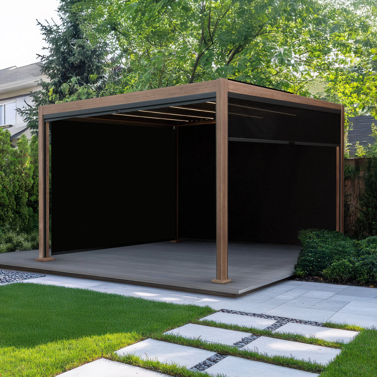 Wood effect aluminium pergola with blinds and LED lights, featuring a spacious 3m x 3m design, set in a lush garden environment