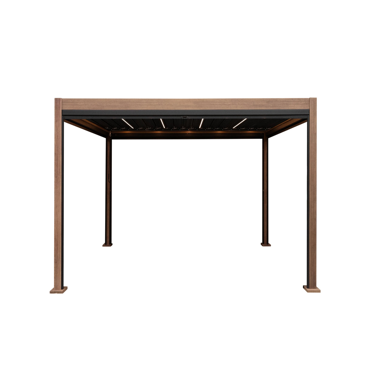 Wood effect aluminium pergola with adjustable blinds and integrated LED lights, featuring a sturdy 3m x 3m design and a sleek finish