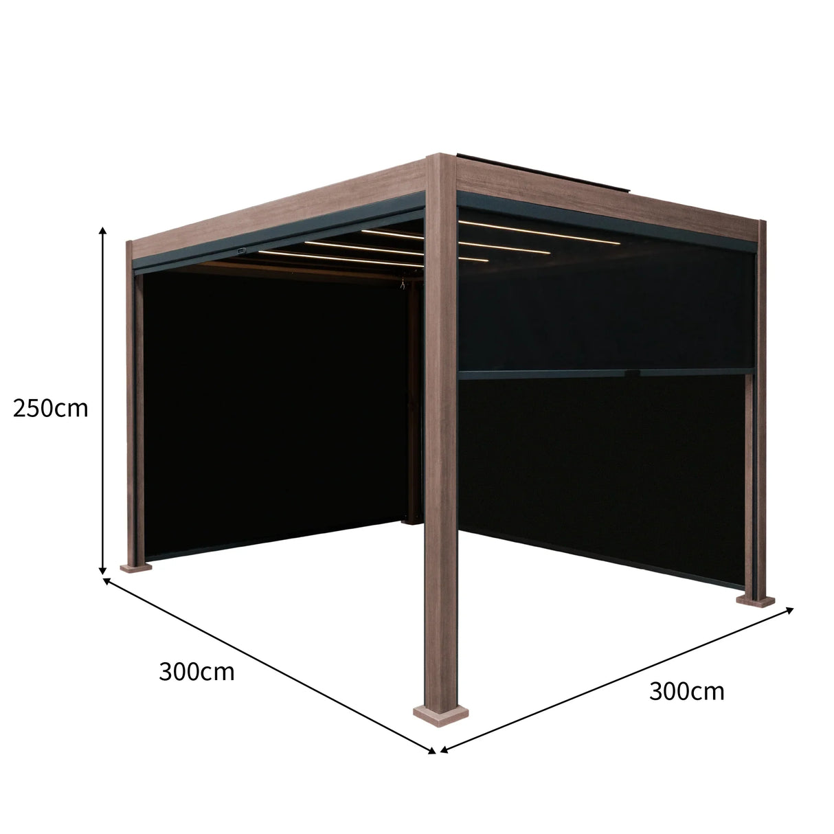Wood effect aluminium pergola with blinds and LED lights, measuring 3m x 3m, featuring a sleek design and modern finish