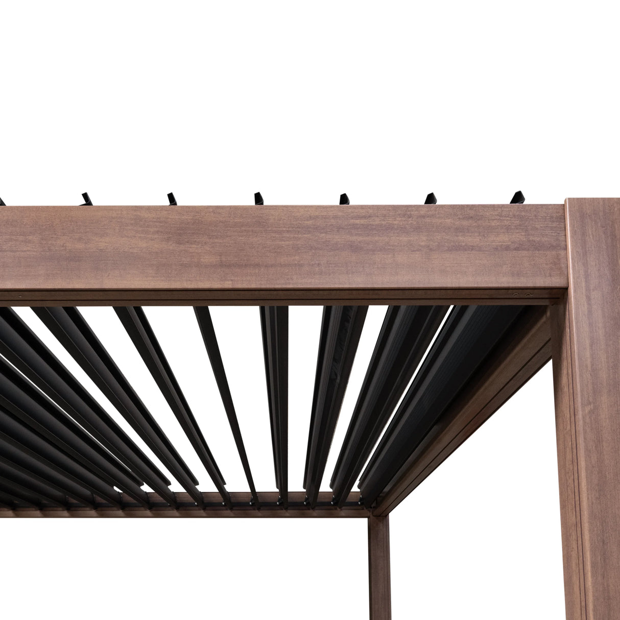 Wood effect aluminium pergola 3 x 3m featuring two adjustable louvre panels, showcasing a sleek brown finish and modern design