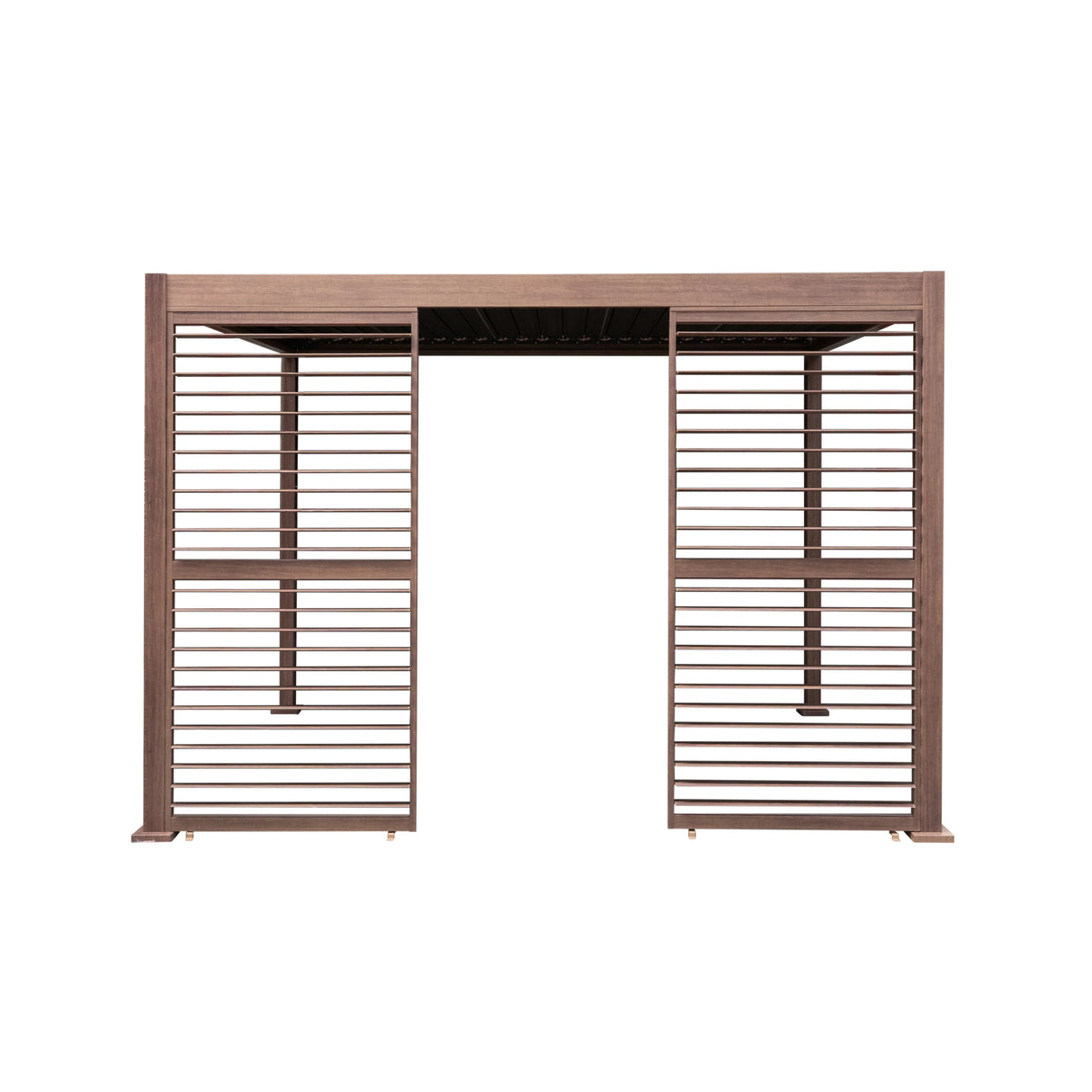 Wood effect aluminium pergola 3 x 3m featuring two adjustable louvre panels, showcasing a rich brown finish and modern design