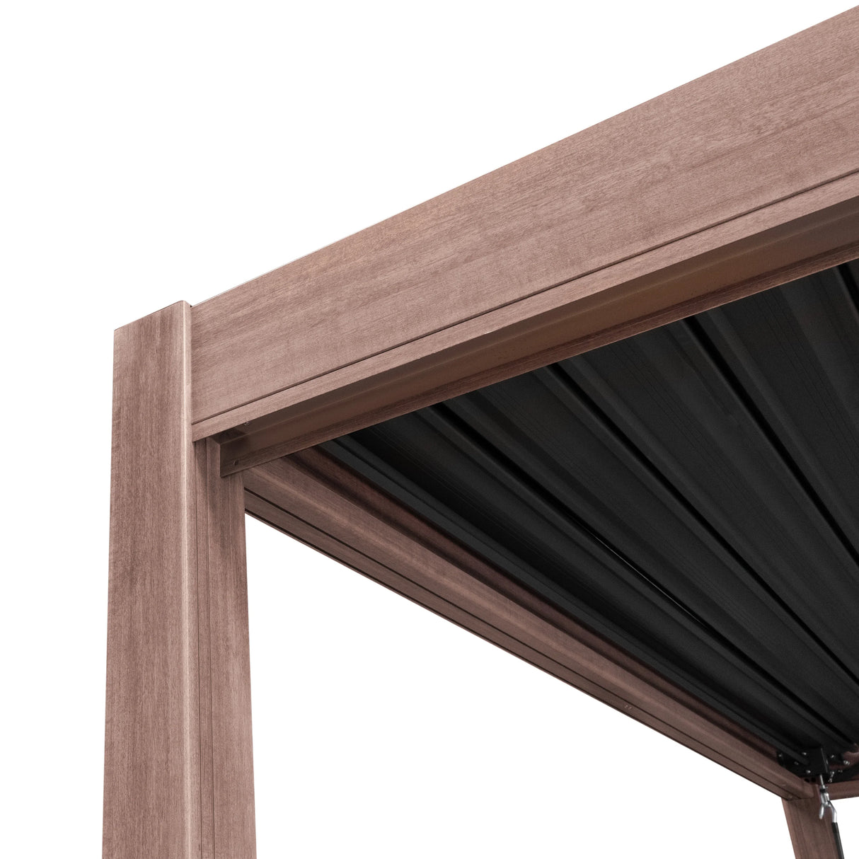 Wood effect aluminum pergola with a modern design, featuring two adjustable louvre panels and a warm brown finish