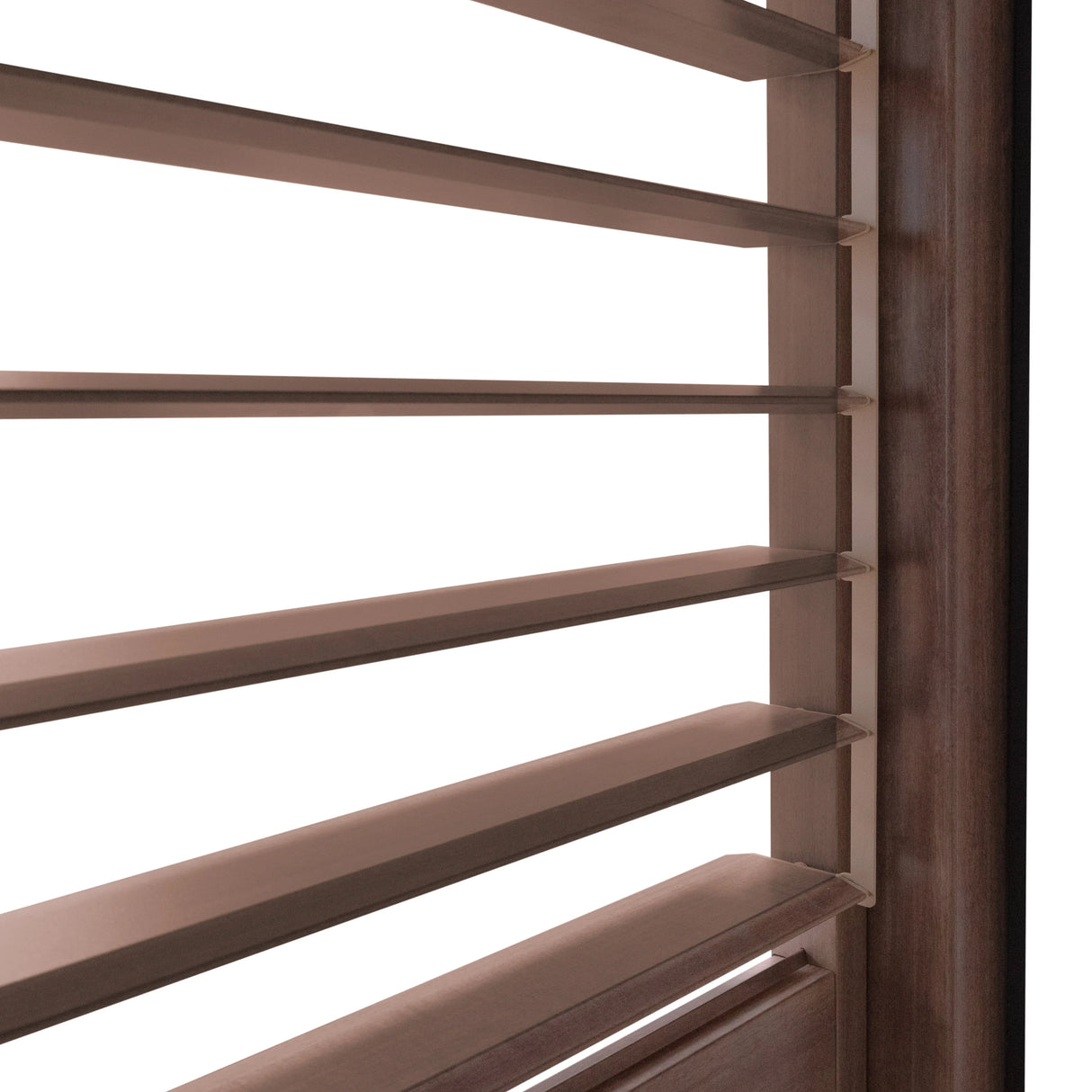 Wood effect aluminium pergola with two louvre panels, showcasing a rich brown finish and sleek, modern design elements