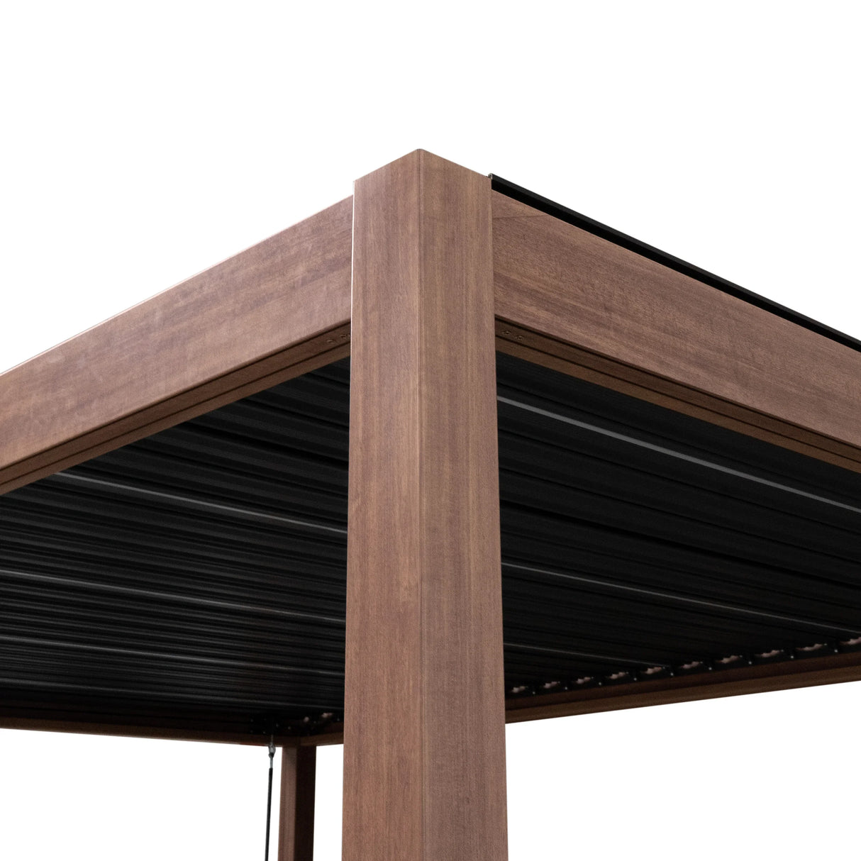 Wood effect aluminium pergola with LED lights, featuring a sturdy design and sleek black slats, ideal for outdoor spaces