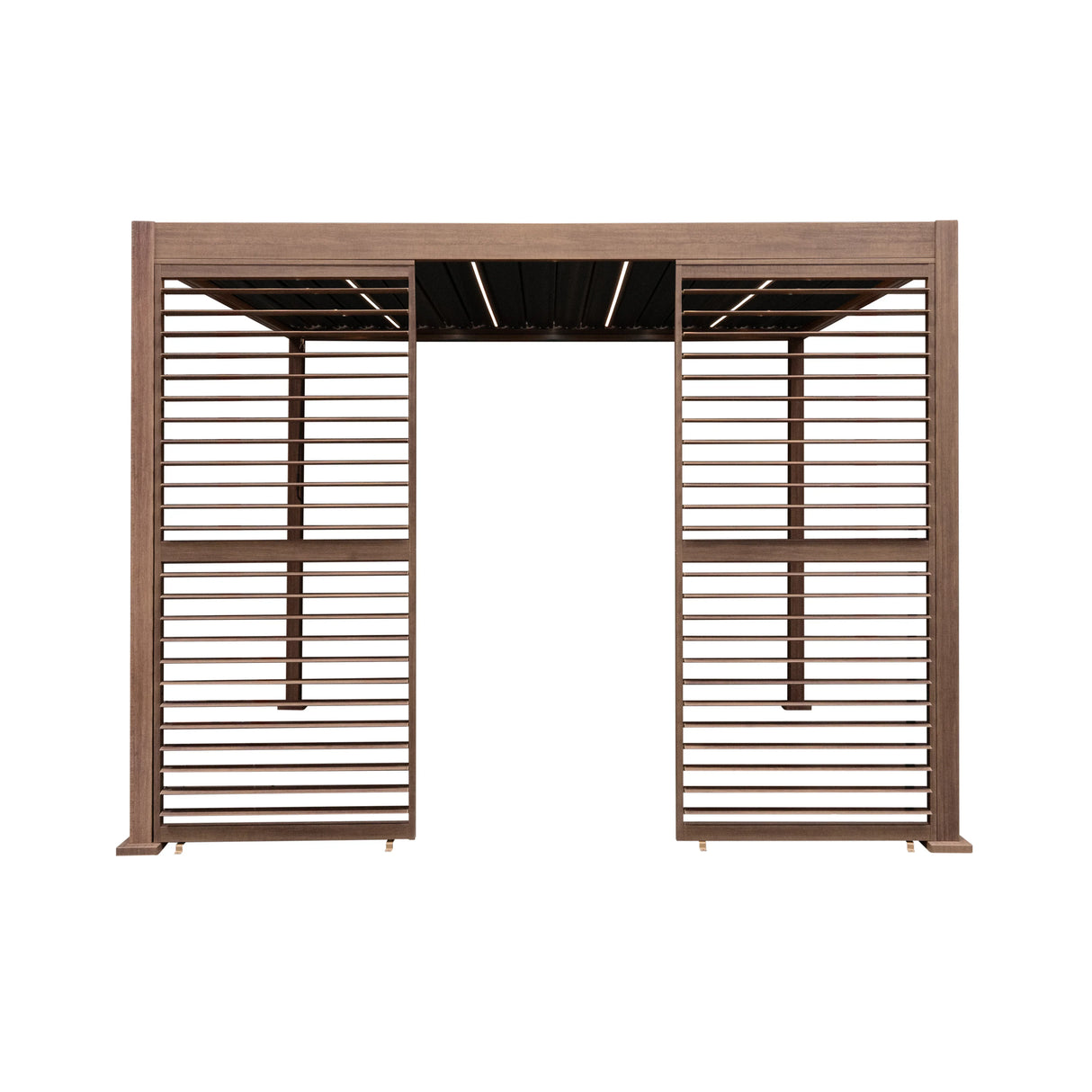 Wood effect aluminium pergola with LED lights, featuring two side panels, modern slatted design, and a 3m x 3m size