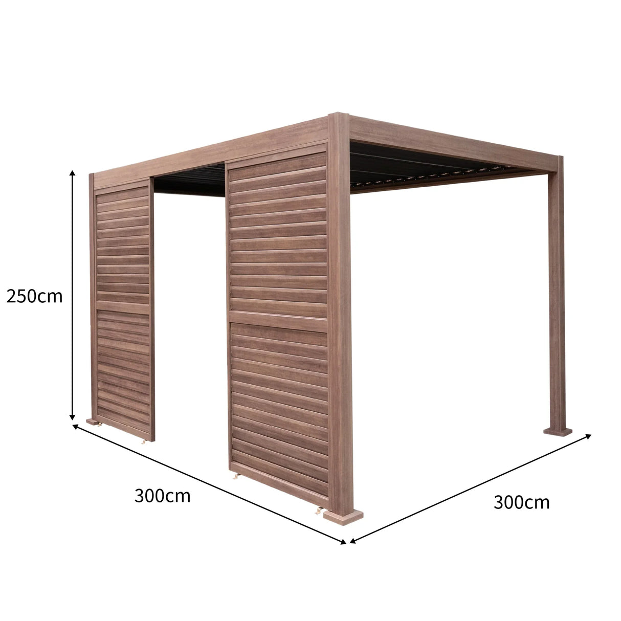 Wood effect aluminium pergola with LED lights, featuring two side panels, dimensions 3m x 3m, showcasing a modern design and textured finish