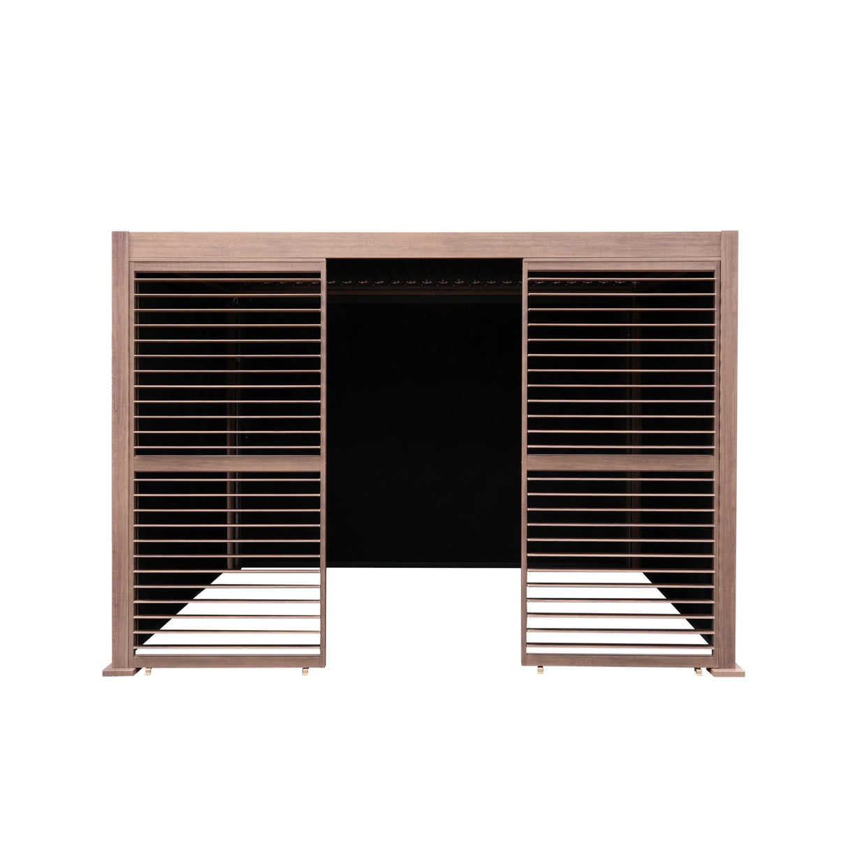 Wood effect aluminum pergola featuring two louvre panels and adjustable blinds, ideal for outdoor shade and style, 3m x 3m