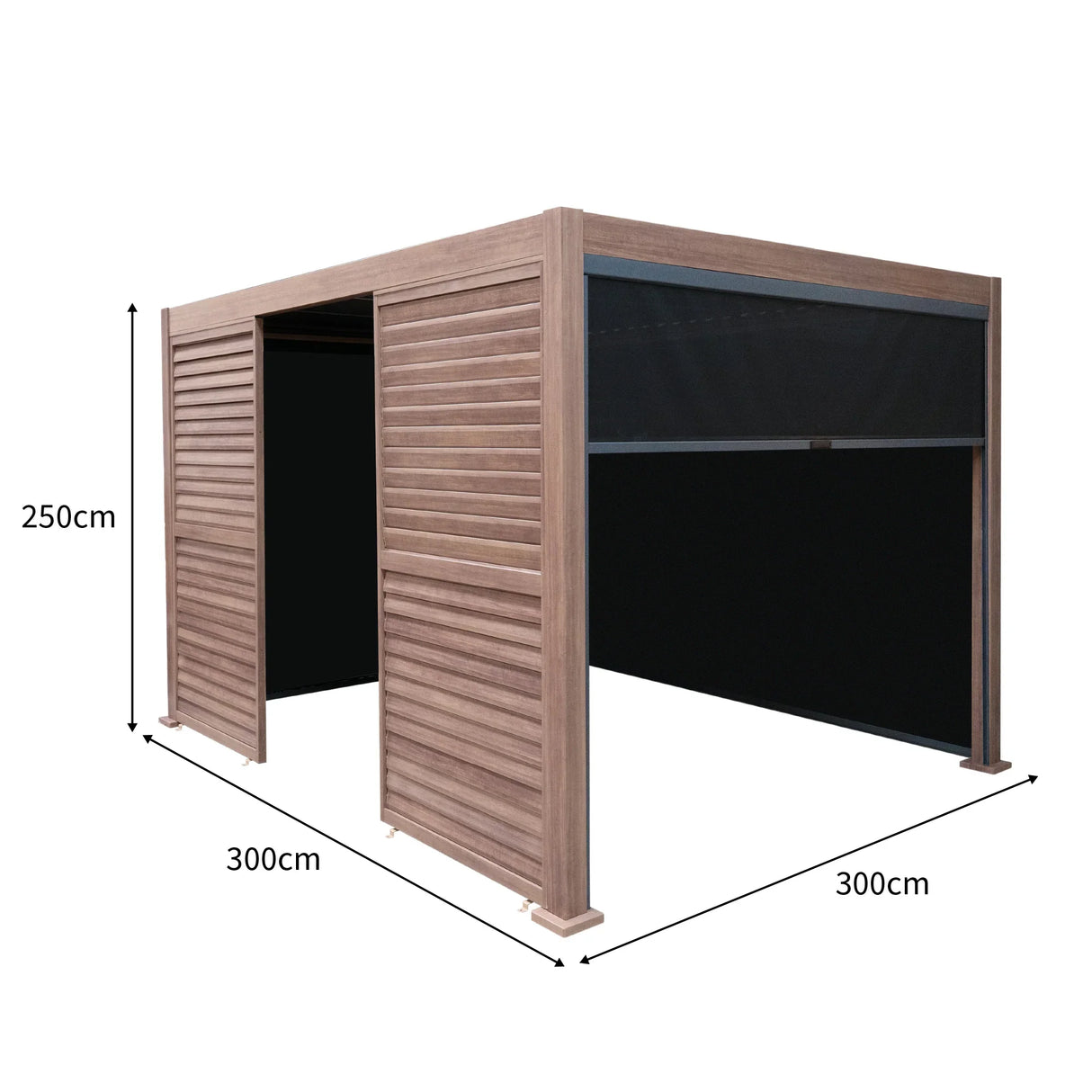 Wood effect aluminium pergola with blinds and two louvre panels, measuring 3m x 3m, showcasing a modern design and textured finish