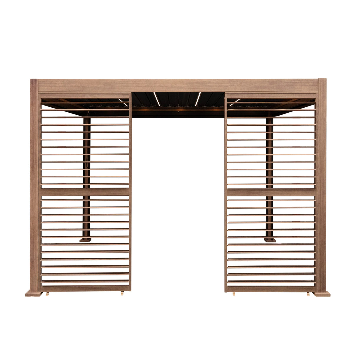 Wood effect aluminium pergola with blinds, featuring two side panels and integrated LED lights, 3m x 3m, stylish outdoor design