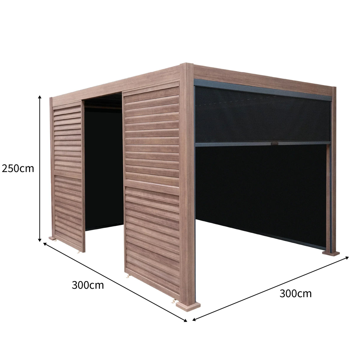 Wood effect aluminium pergola with blinds, two side panels, LED lights, 3m x 3m, showcasing a modern, durable design and sleek finish