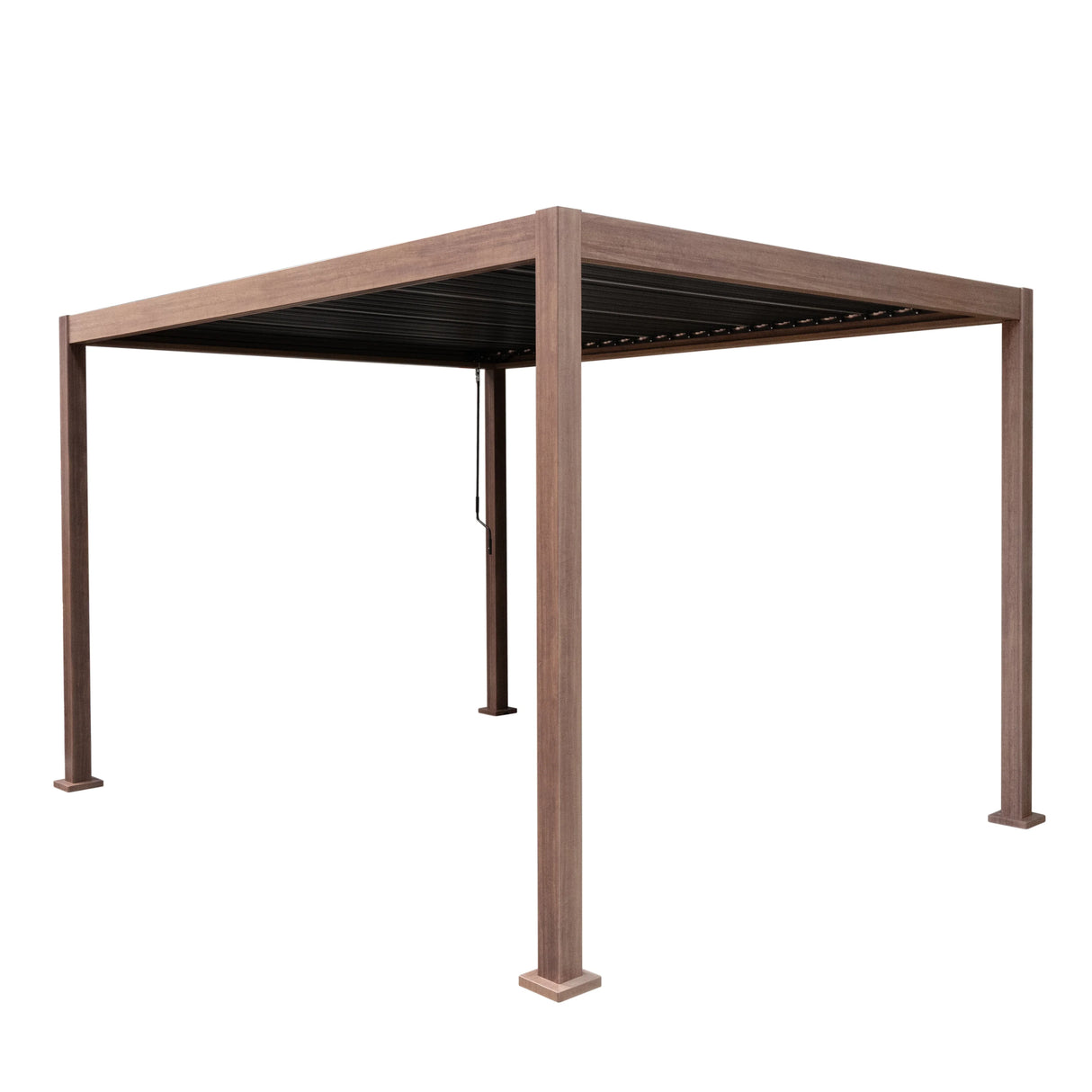 Wood effect aluminium pergola measuring 4m x 3m, featuring a sturdy frame with a textured finish and adjustable slatted roof for shade