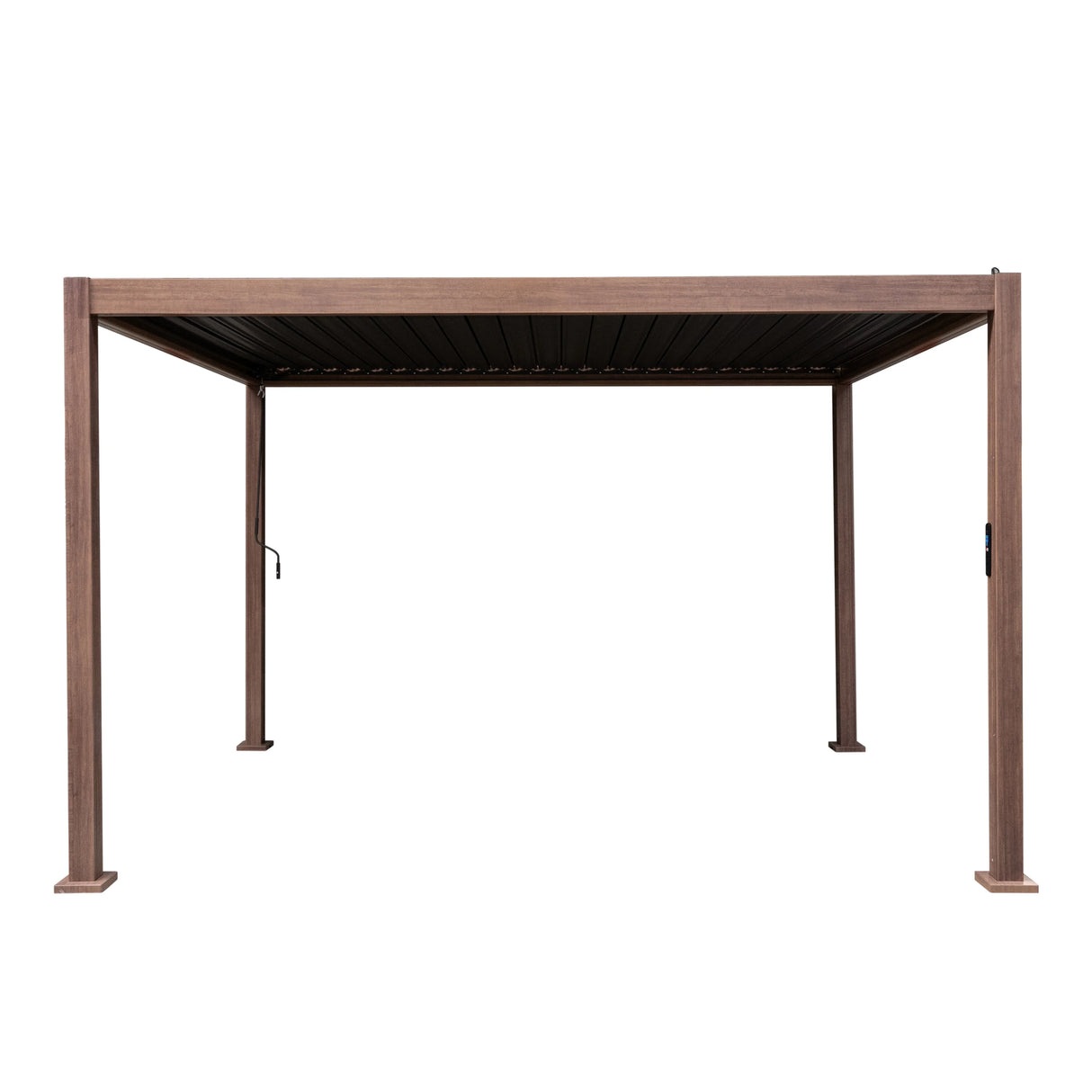 Wood effect aluminium pergola measuring 4m x 3m, featuring a sturdy frame with a textured wood finish and adjustable slats for shade
