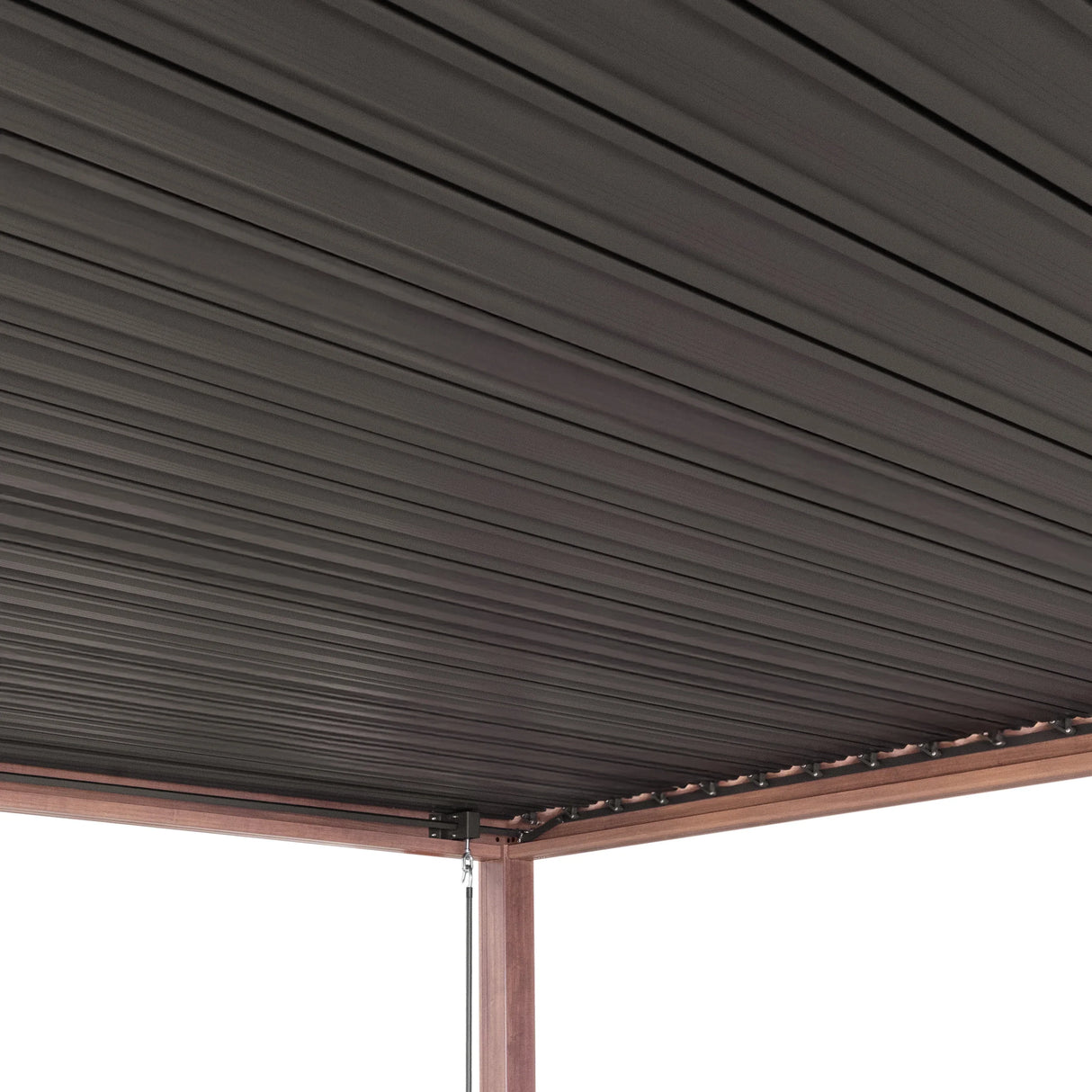 Wood effect aluminum pergola showcasing a sleek, dark slatted roof design, ideal for outdoor shade and modern aesthetics