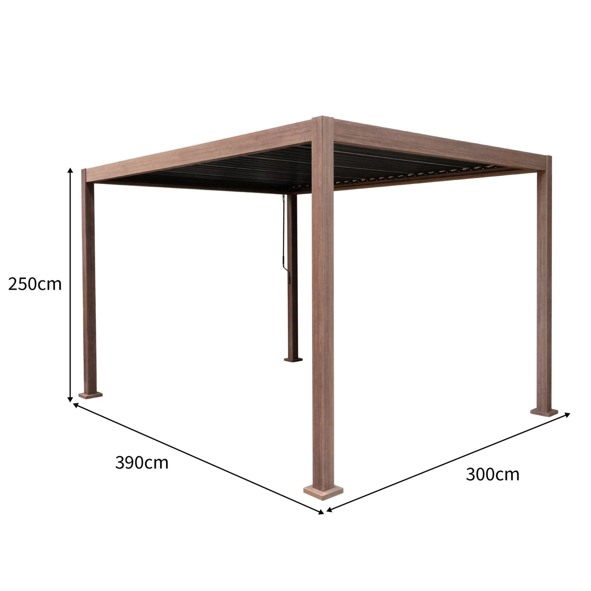 Wood effect aluminium pergola measuring 4m x 3m, featuring a sturdy frame, slatted roof, and modern design suitable for outdoor spaces