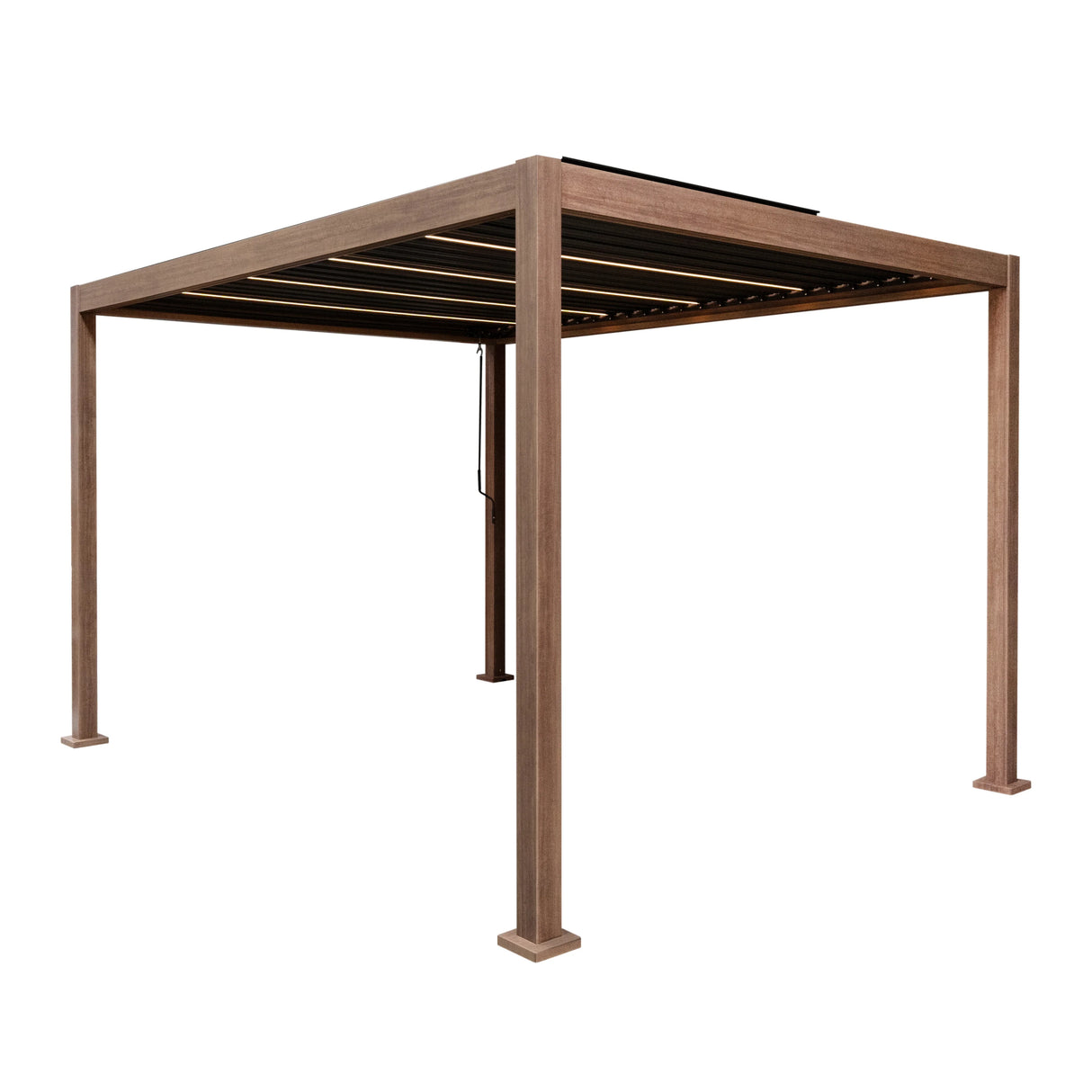 Wood effect aluminium pergola with LED lights, 4m x 3m, featuring a sturdy frame and slatted roof for outdoor shade and ambiance