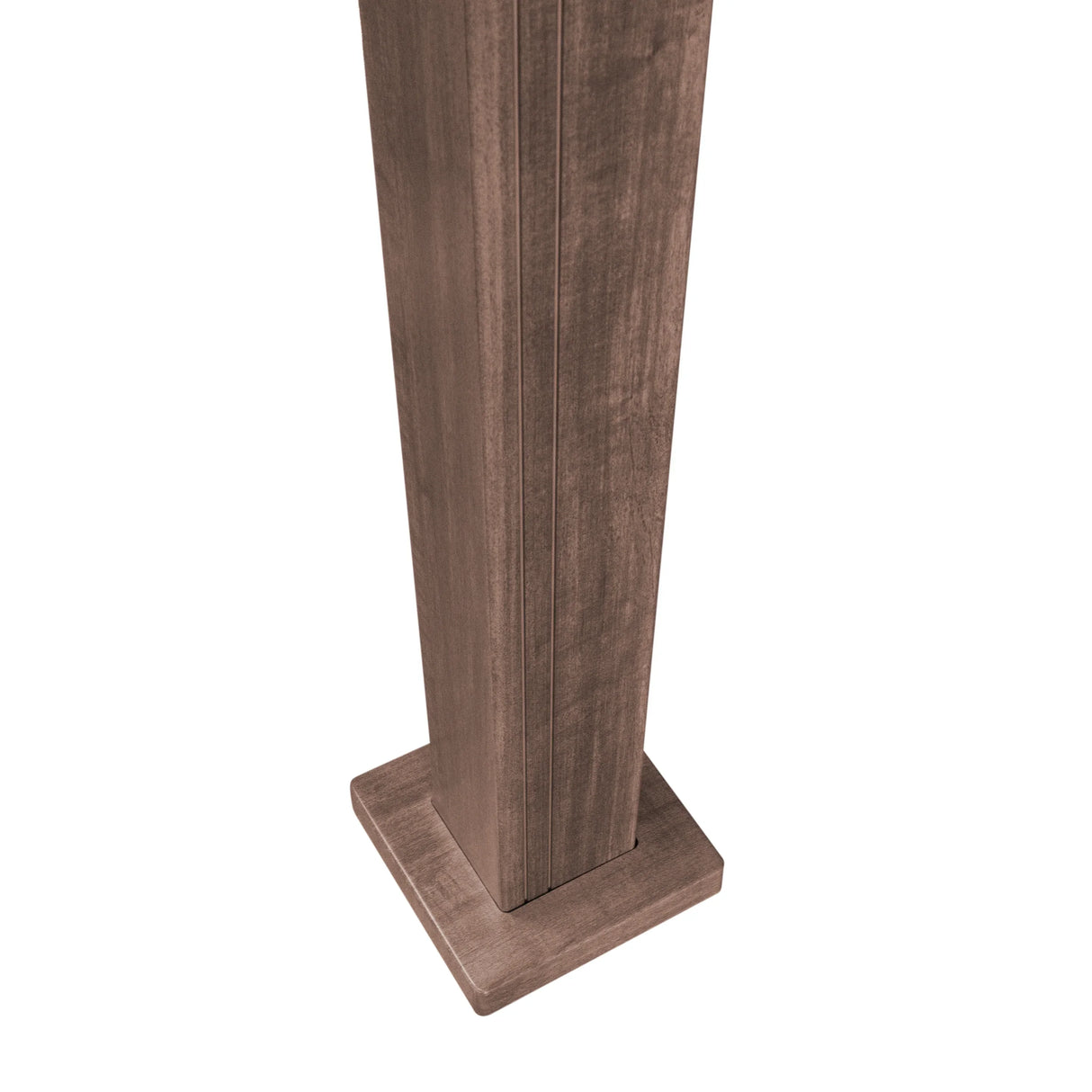 Wood effect aluminum pergola leg with a textured finish, featuring a square base for stability and integrated LED lighting options
