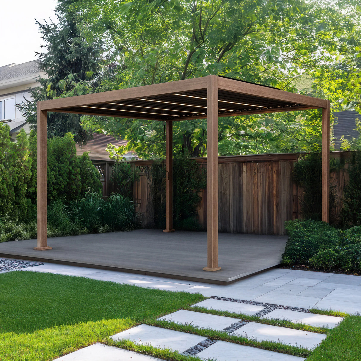 Wood effect aluminum pergola with LED lights, 4m x 3m, featuring a sturdy frame, slatted roof, and a natural wood finish in a garden setting