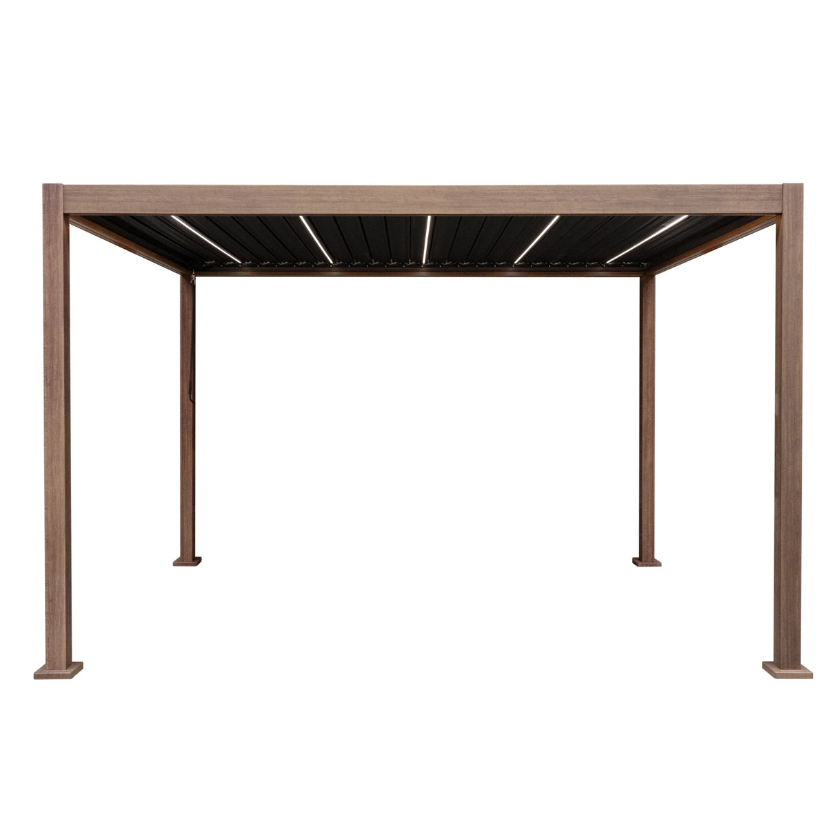 Wood effect aluminium pergola with LED lights, 4m x 3m, featuring a sleek design, dark slatted roof, and sturdy legs for outdoor use