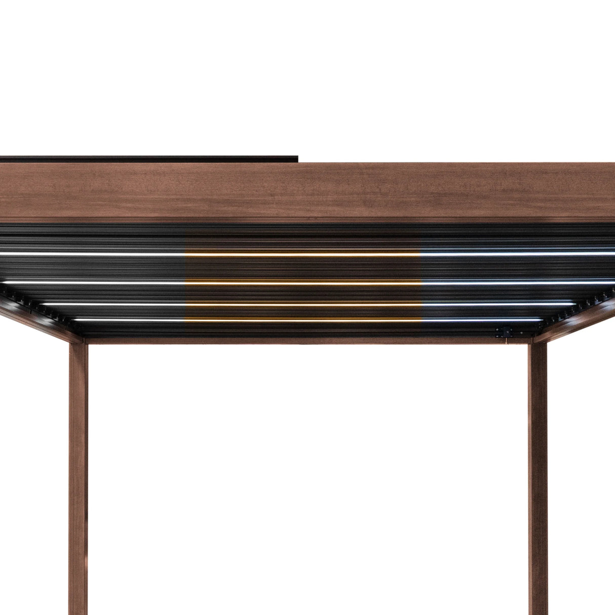Wood effect aluminum pergola featuring integrated LED lights, showcasing a modern design with a sleek, textured finish in warm brown tones