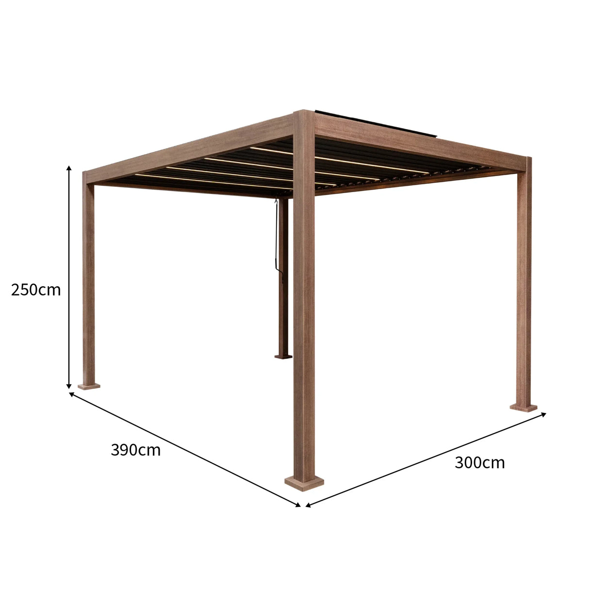 Wood effect aluminium pergola with LED lights, measuring 4m x 3m, featuring a sturdy frame and modern design for outdoor spaces