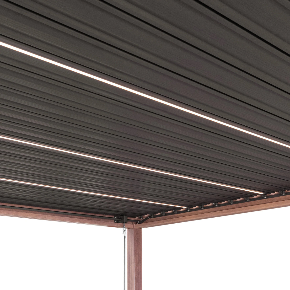 Wood effect aluminium pergola with integrated LED lights, featuring a sleek, modern design and a sturdy, textured finish