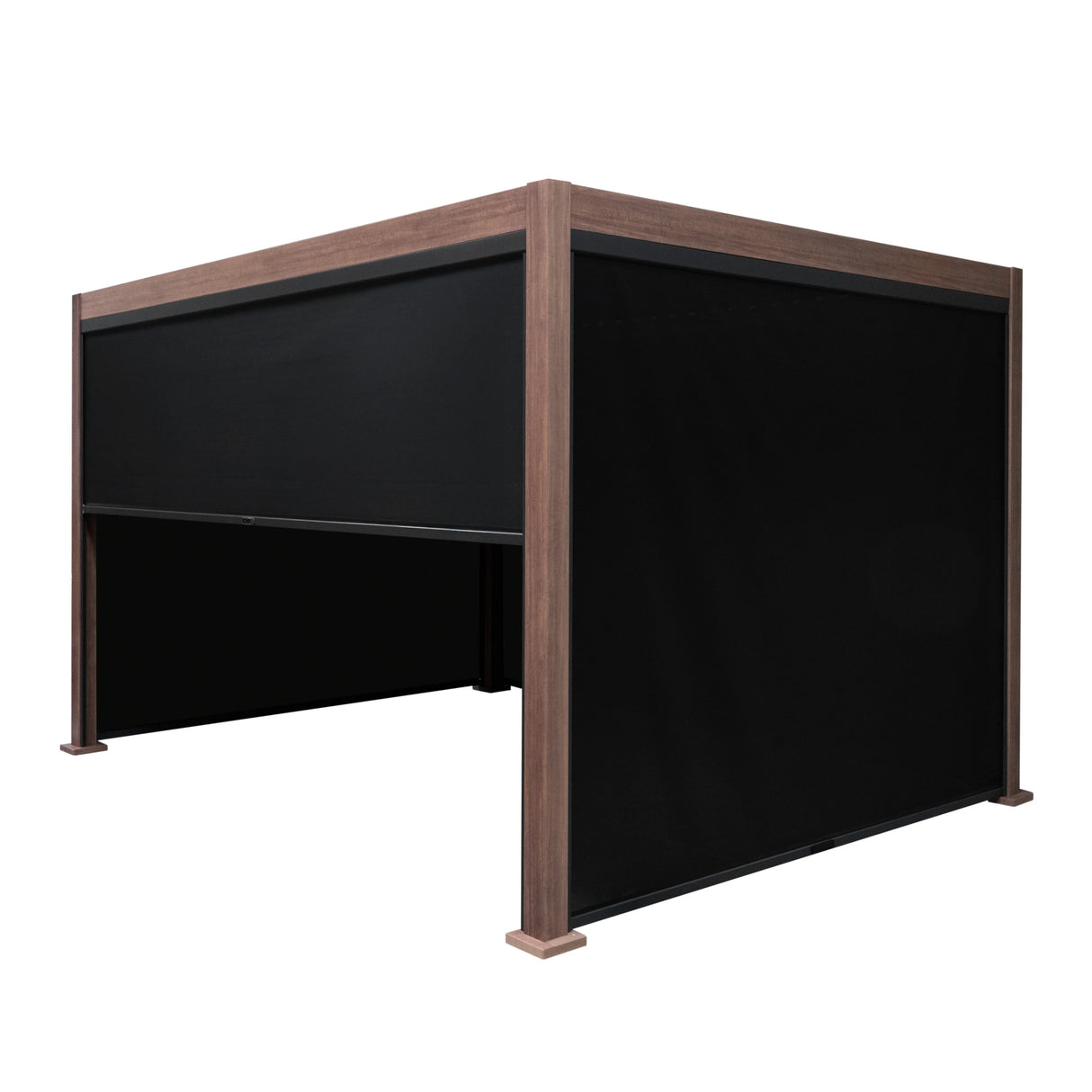Wood effect aluminium pergola with black blinds, 4m x 3m, featuring a sturdy frame and sleek design for outdoor shade and style