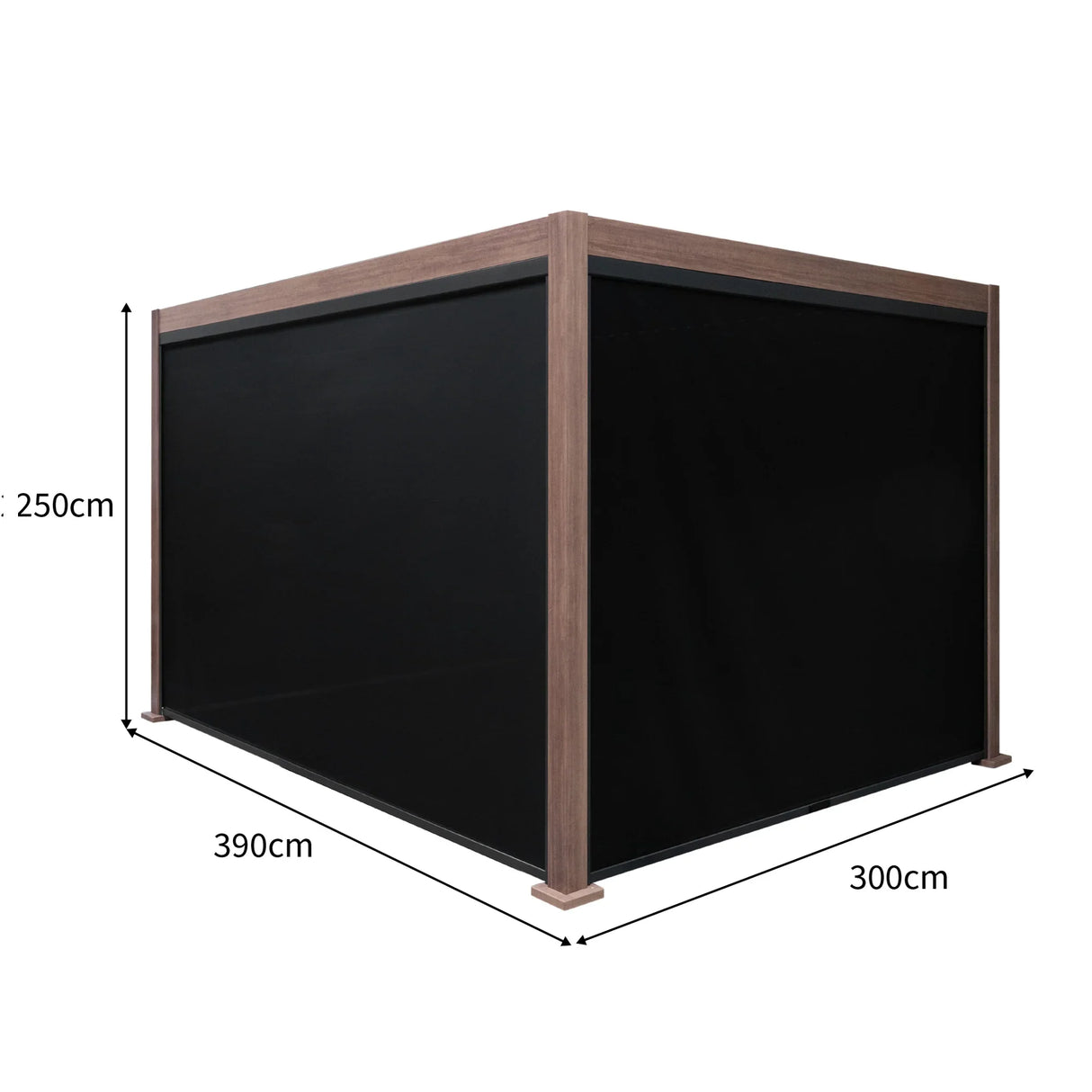 Wood effect aluminium pergola with black blinds, measuring 4m x 3m, featuring a modern design and sturdy construction