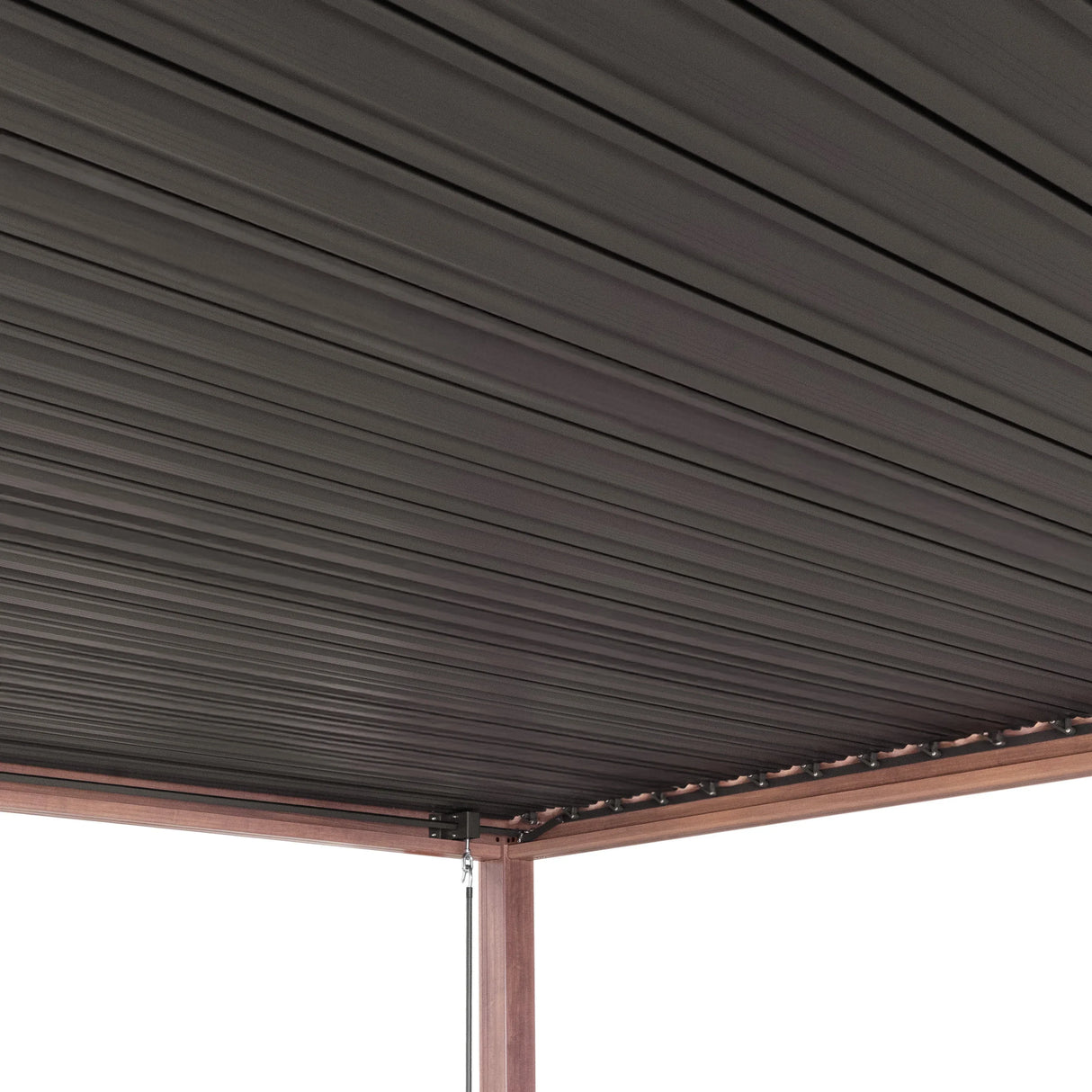 Wood effect aluminium pergola with adjustable blinds, featuring a sleek, modern design in a rich brown finish and textured surface