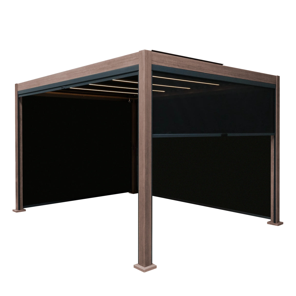 Wood effect aluminium pergola measuring 4m x 3m, featuring integrated blinds and LED lights, ideal for outdoor spaces