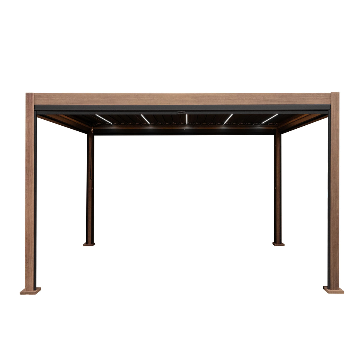 Wood effect aluminium pergola with blinds and integrated LED lights, featuring a sleek, modern design in a 4m x 3m size