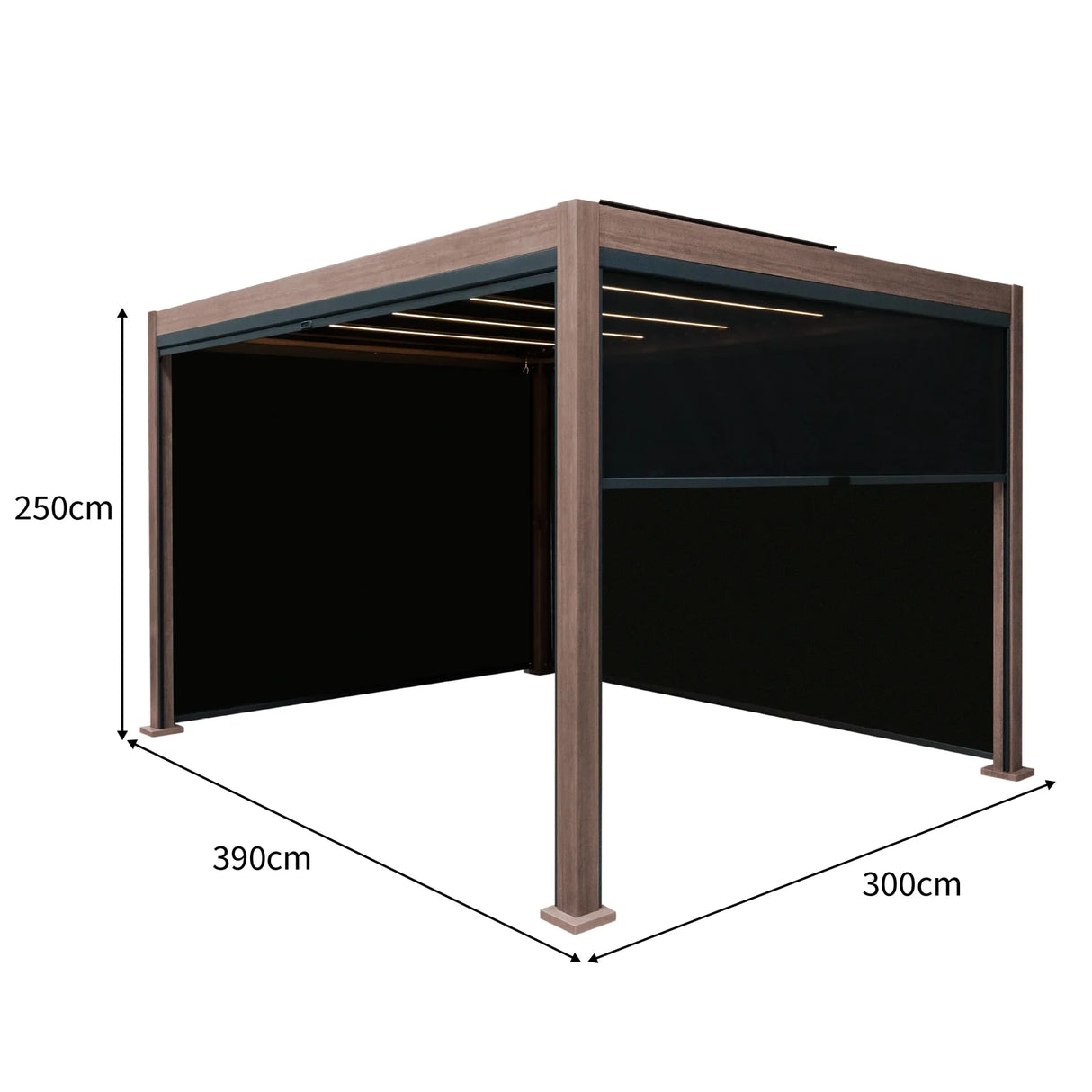 Wood effect aluminium pergola with blinds and LED lights, measuring 4m x 3m, featuring a sleek, modern design and dark fabric panels