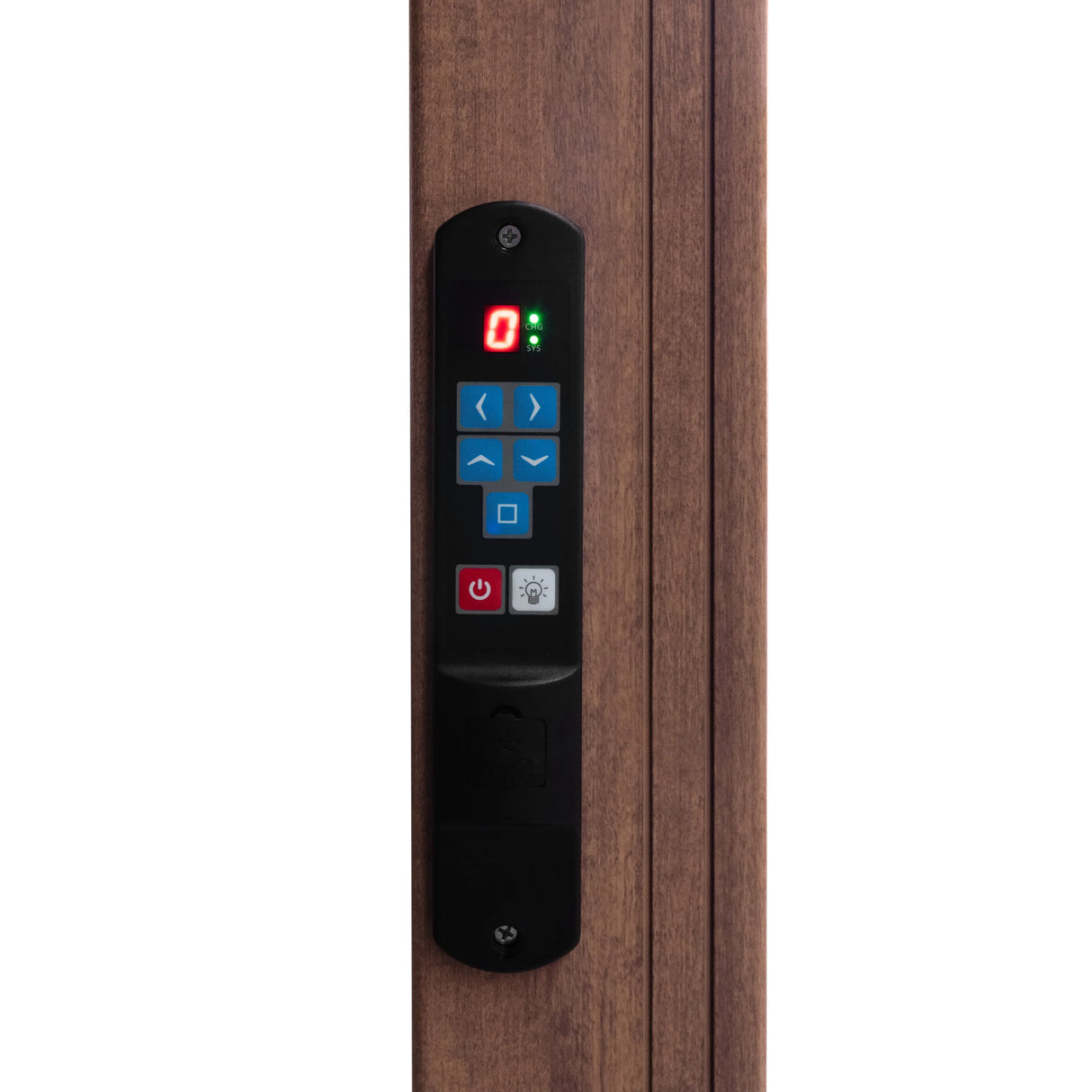 Control panel for wood effect aluminium pergola, featuring buttons for adjusting blinds and LED lights, set against a textured wood finish