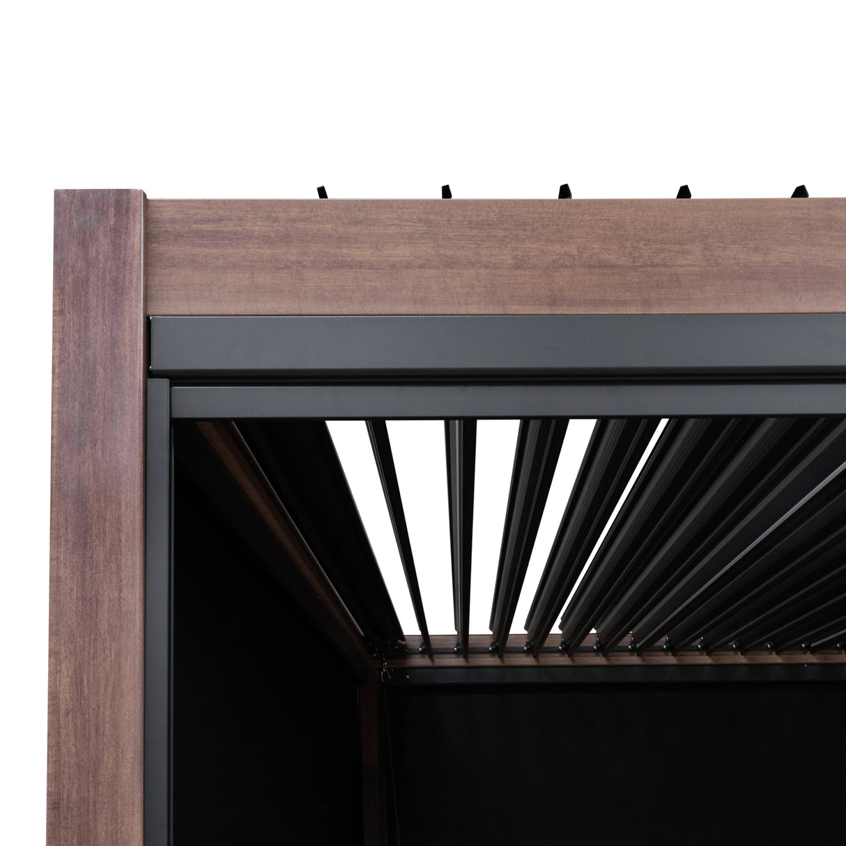 Wood effect aluminum pergola with adjustable slats, integrated blinds, and LED lights, showcasing a modern design and rich texture