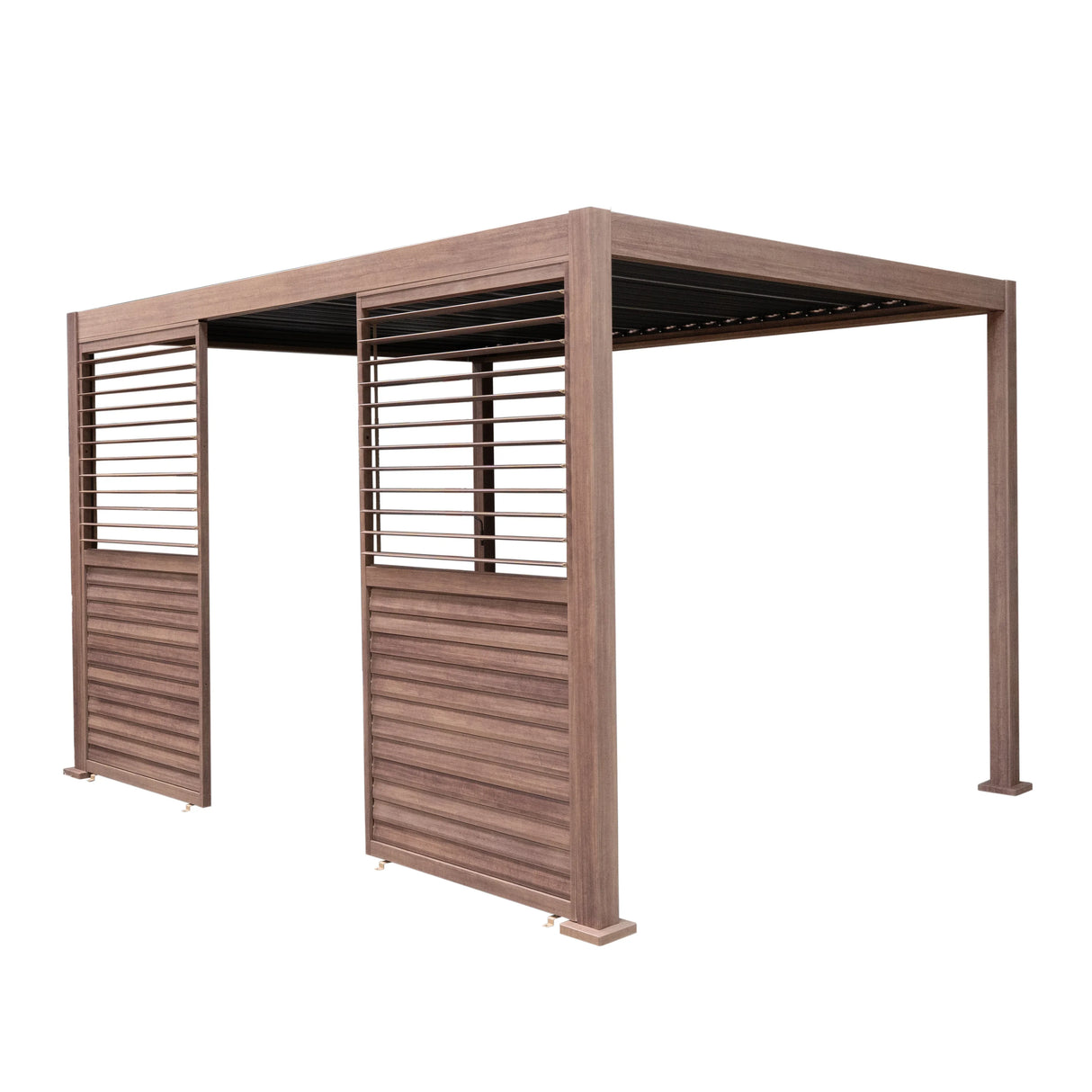 Wood effect aluminium pergola measuring 4m x 3m, featuring two louvre panels with a sleek, modern design and textured finish