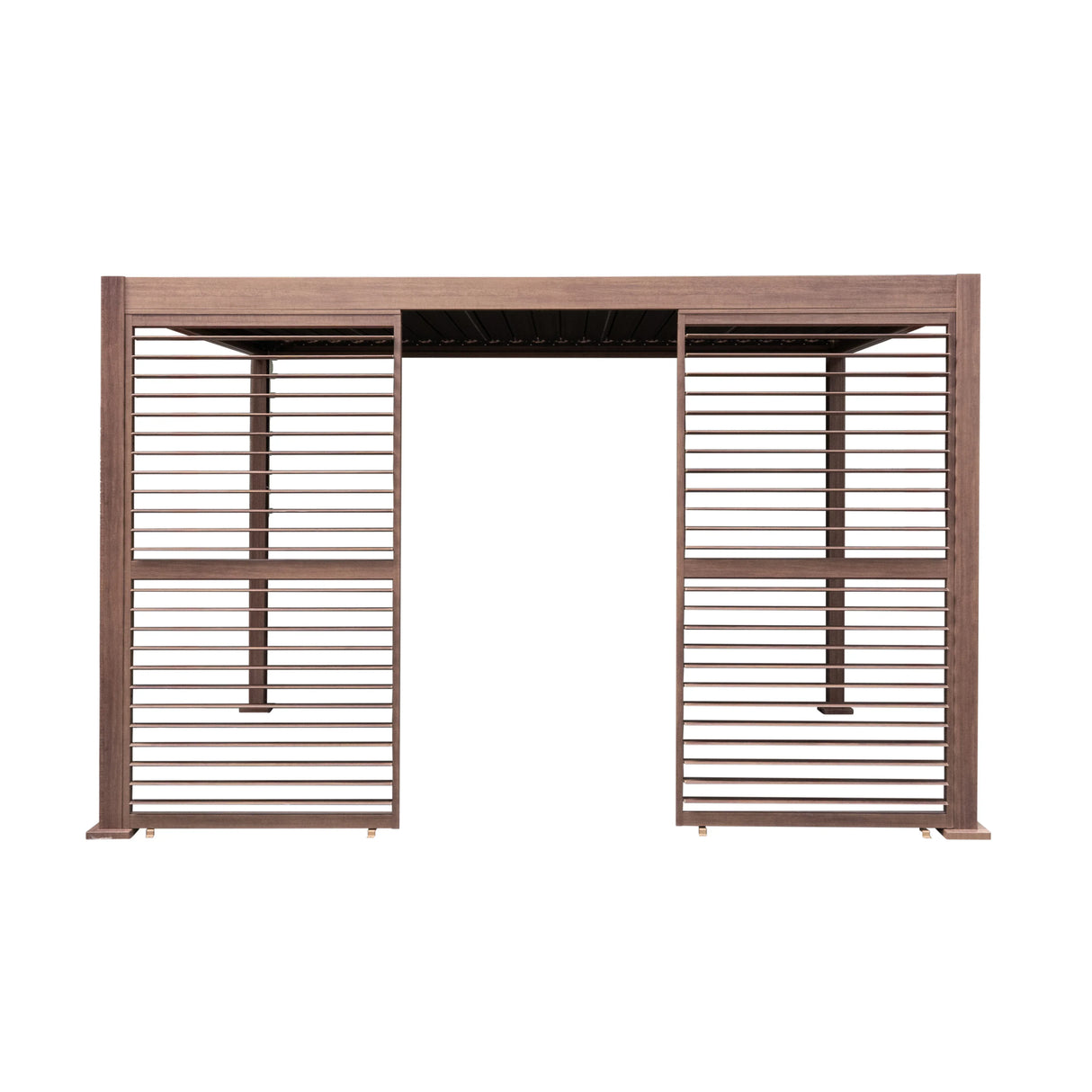 Wood effect aluminium pergola measuring 4m x 3m, featuring two stylish louvre panels with a textured brown finish