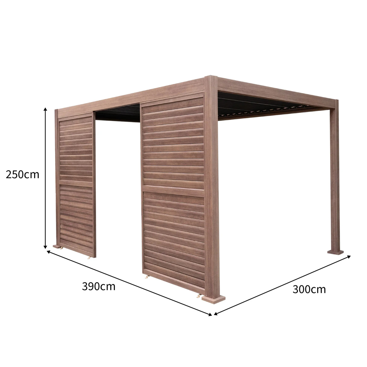 Wood effect aluminium pergola measuring 4m x 3m with two louvre panels, featuring a textured brown finish and modern design