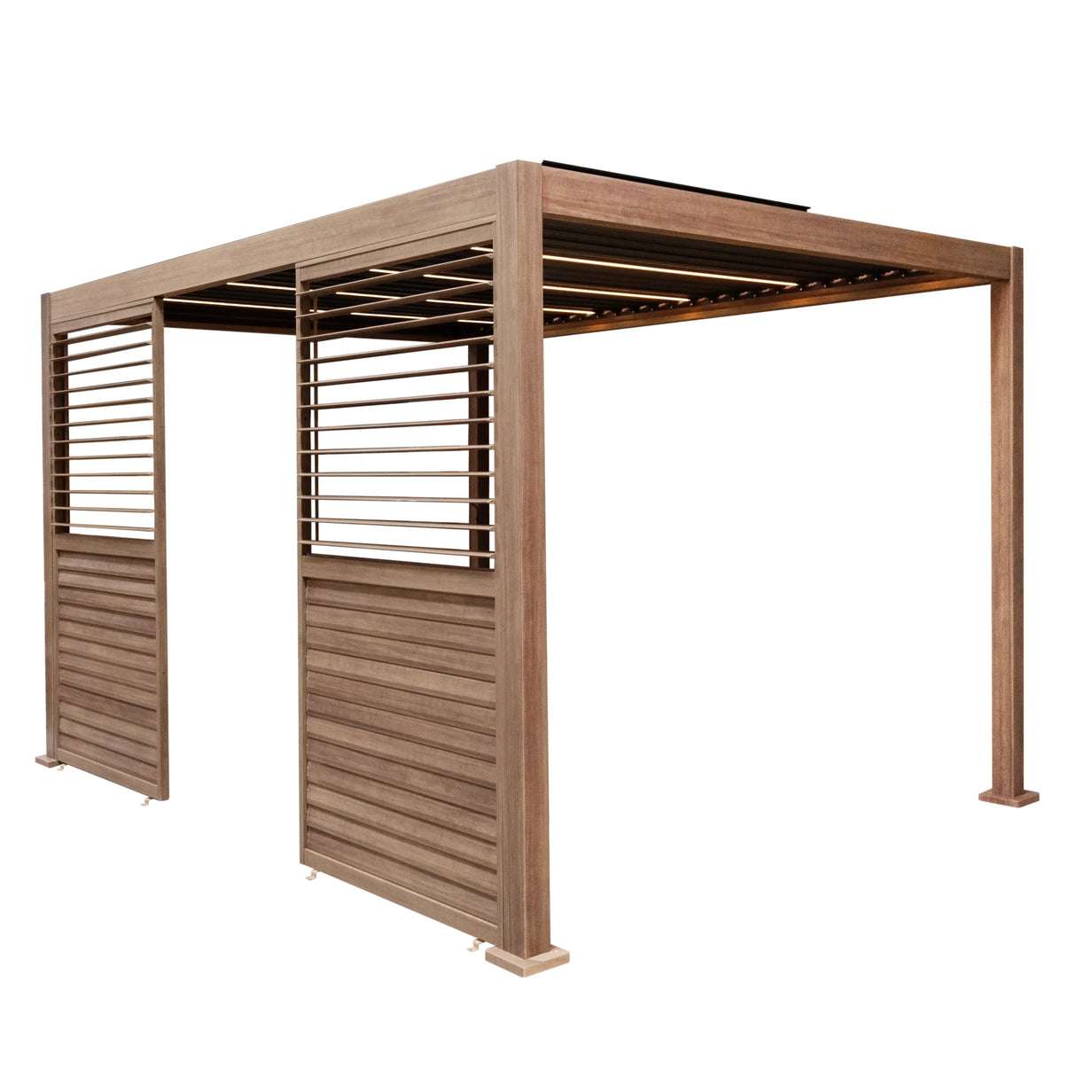 Wood effect aluminium pergola with LED lights, featuring two side panels, spacious 4m x 3m design, and modern slatted roof