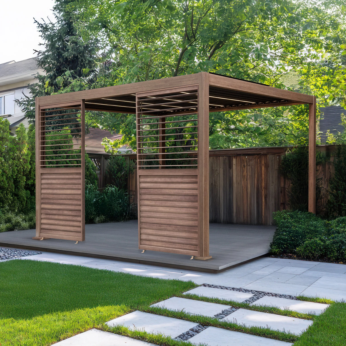 Wood effect aluminium pergola with LED lights, featuring two side panels, set in a lush garden with green grass and stone pathway