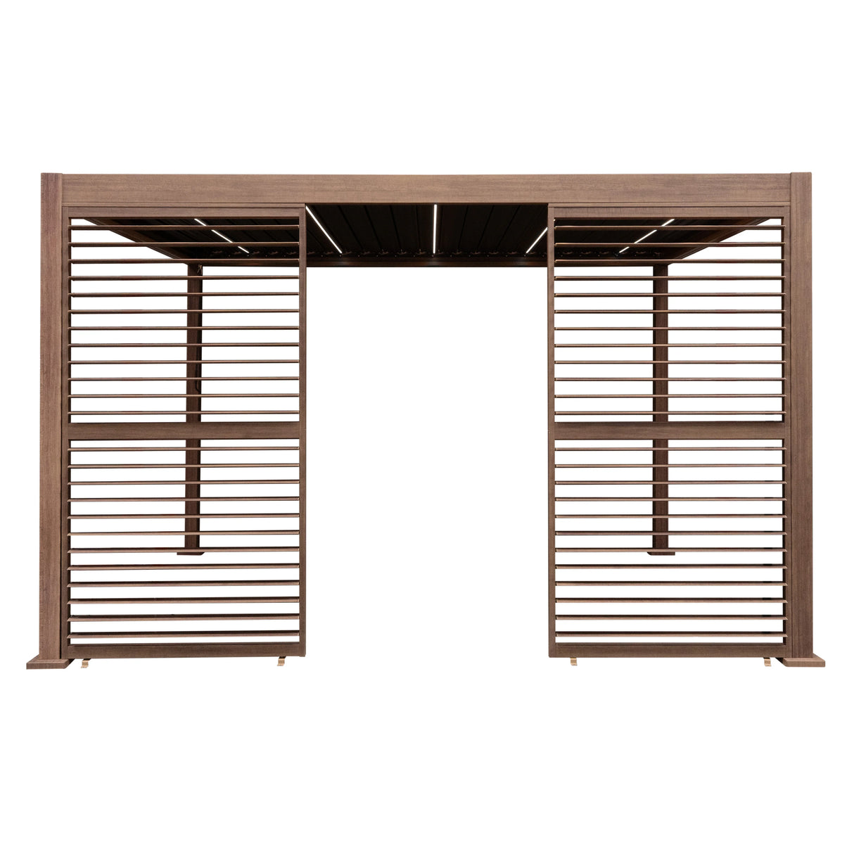 Wood effect aluminium pergola with LED lights, featuring two side panels, showcasing a modern slatted design in a rich brown finish