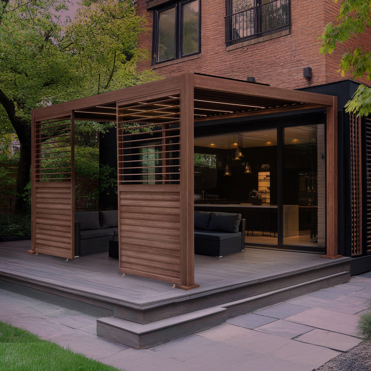 Wood effect aluminium pergola with LED lights, featuring two side panels, set on a modern patio surrounded by greenery
