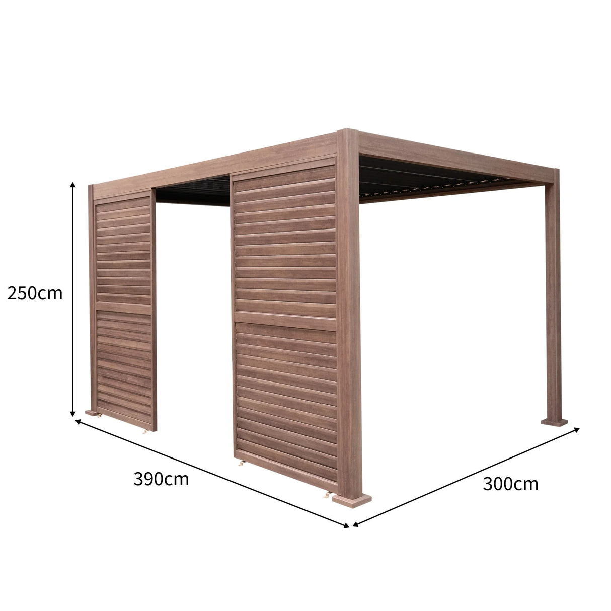Wood effect aluminium pergola with LED lights, featuring two side panels, dimensions 4m x 3m, showcasing a modern design and textured finish