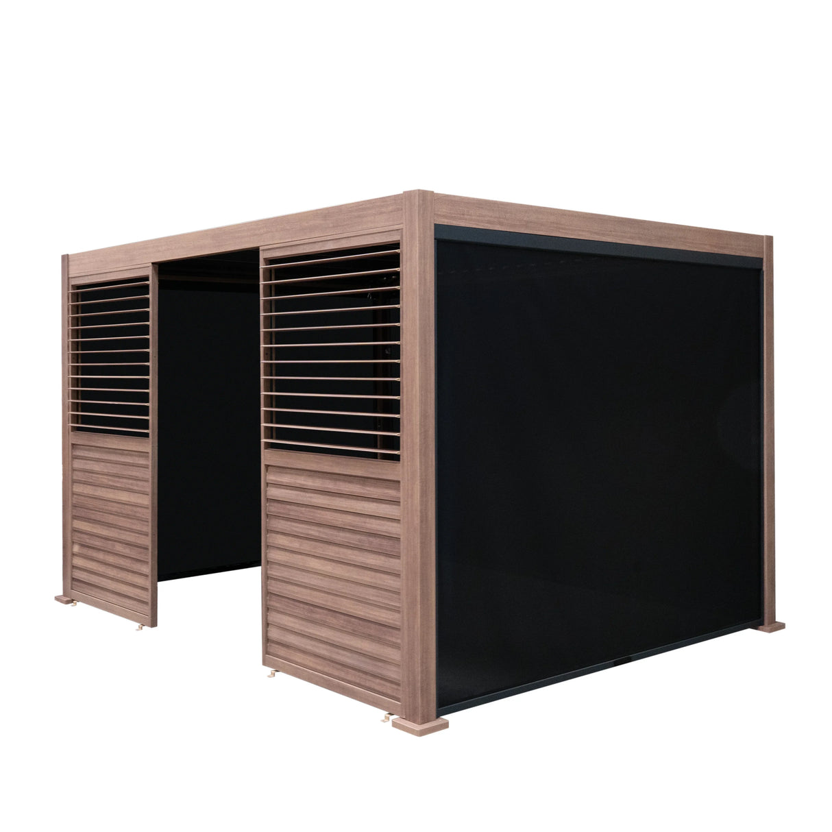Wood effect aluminium pergola with blinds and two louvre panels, 4m x 3m, featuring a sleek design and textured finish