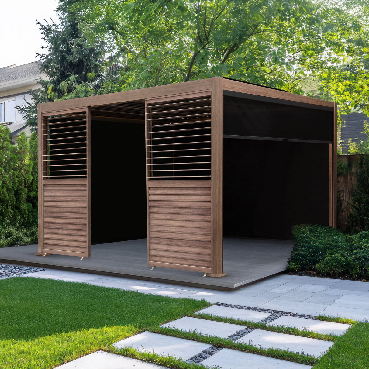 Wood effect aluminium pergola with blinds and two louvre panels, featuring a spacious 4m x 3m design, set in a garden environment