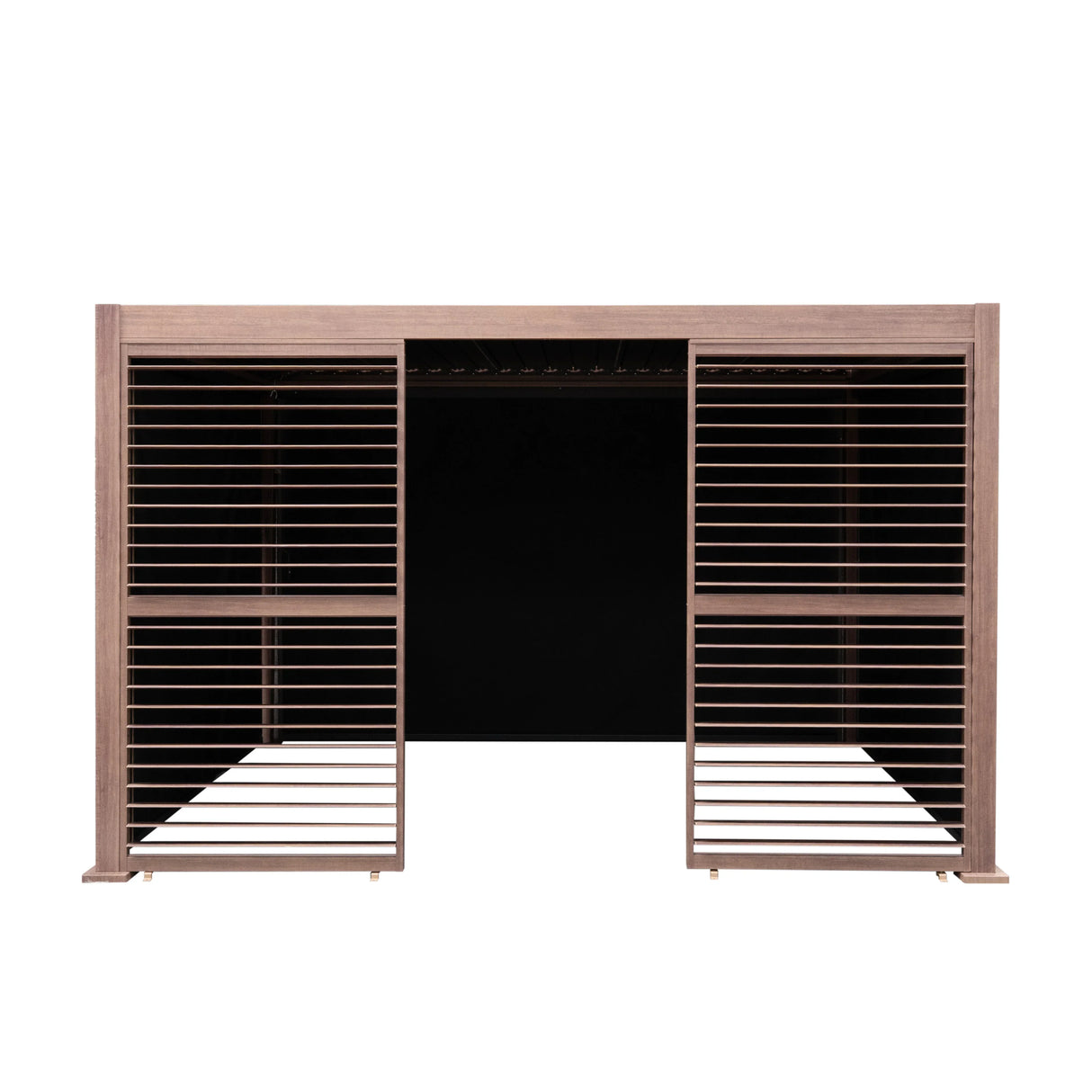 Wood effect aluminium pergola with adjustable blinds and two louvre panels, featuring a sleek, modern design in a warm brown finish