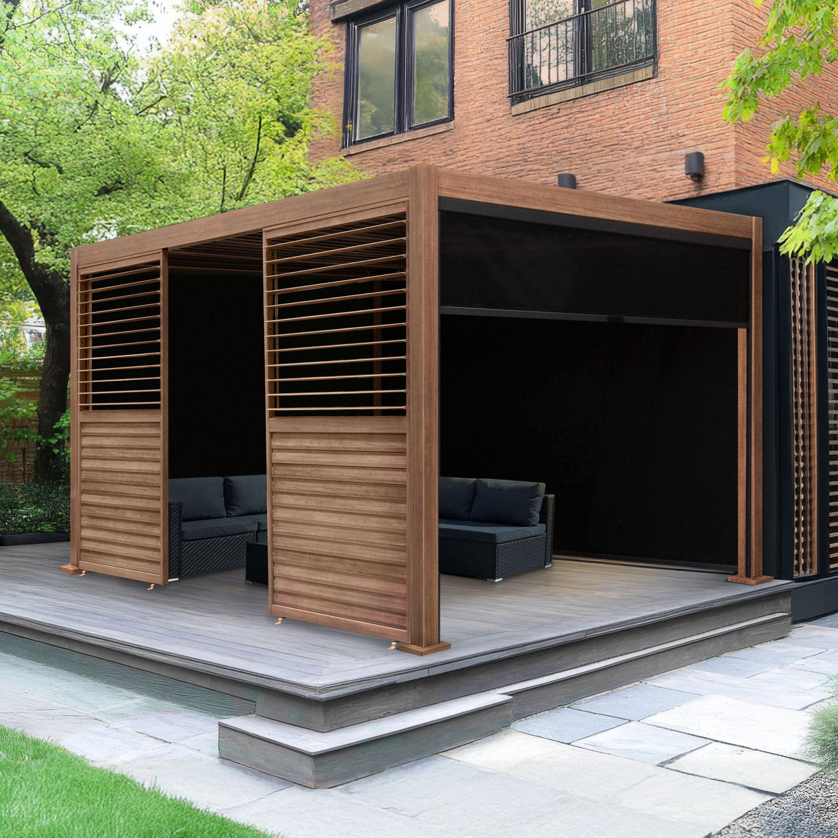 Wood effect aluminium pergola with blinds and two louvre panels, featuring a modern design and a cozy seating area on a patio