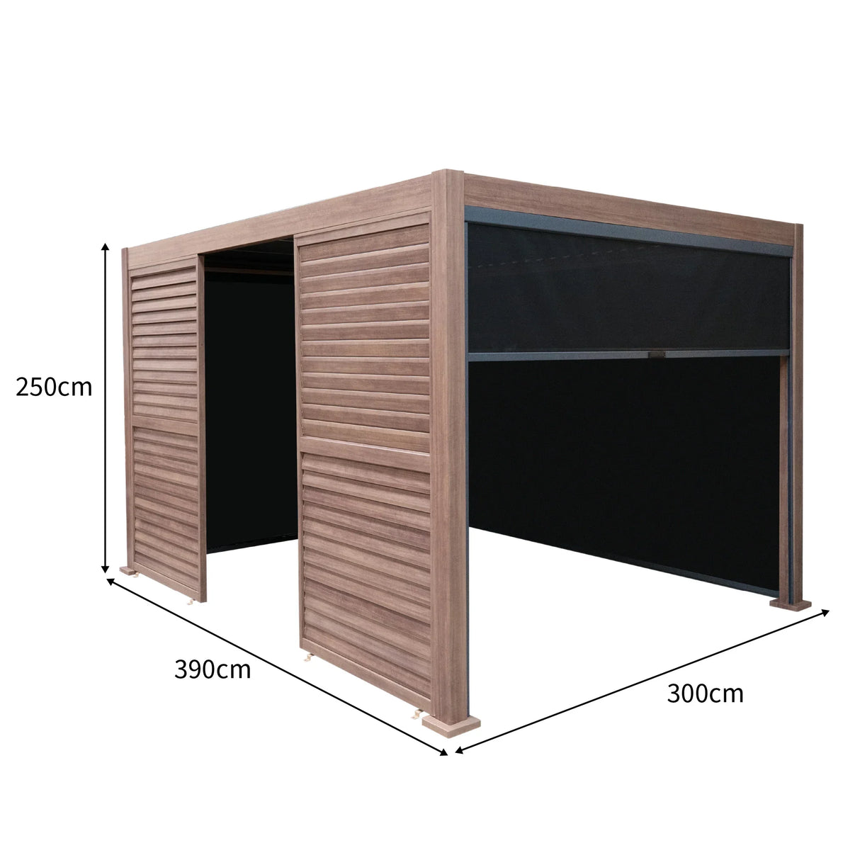 Wood effect aluminium pergola with blinds and two louvre panels, measuring 4m x 3m, featuring a sleek, modern design and textured finish
